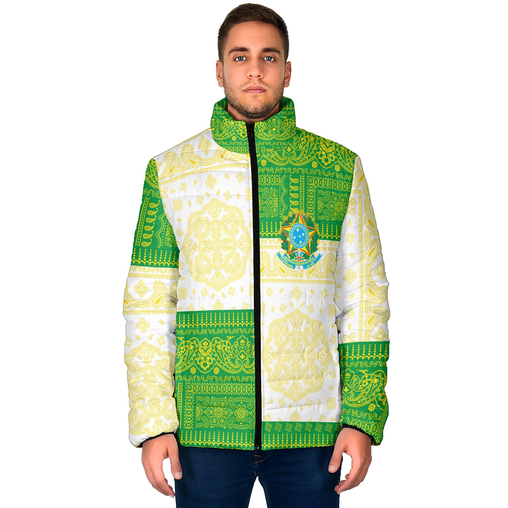 Brazil Men Padded Jacket Flag And Paisley Basic Style 1