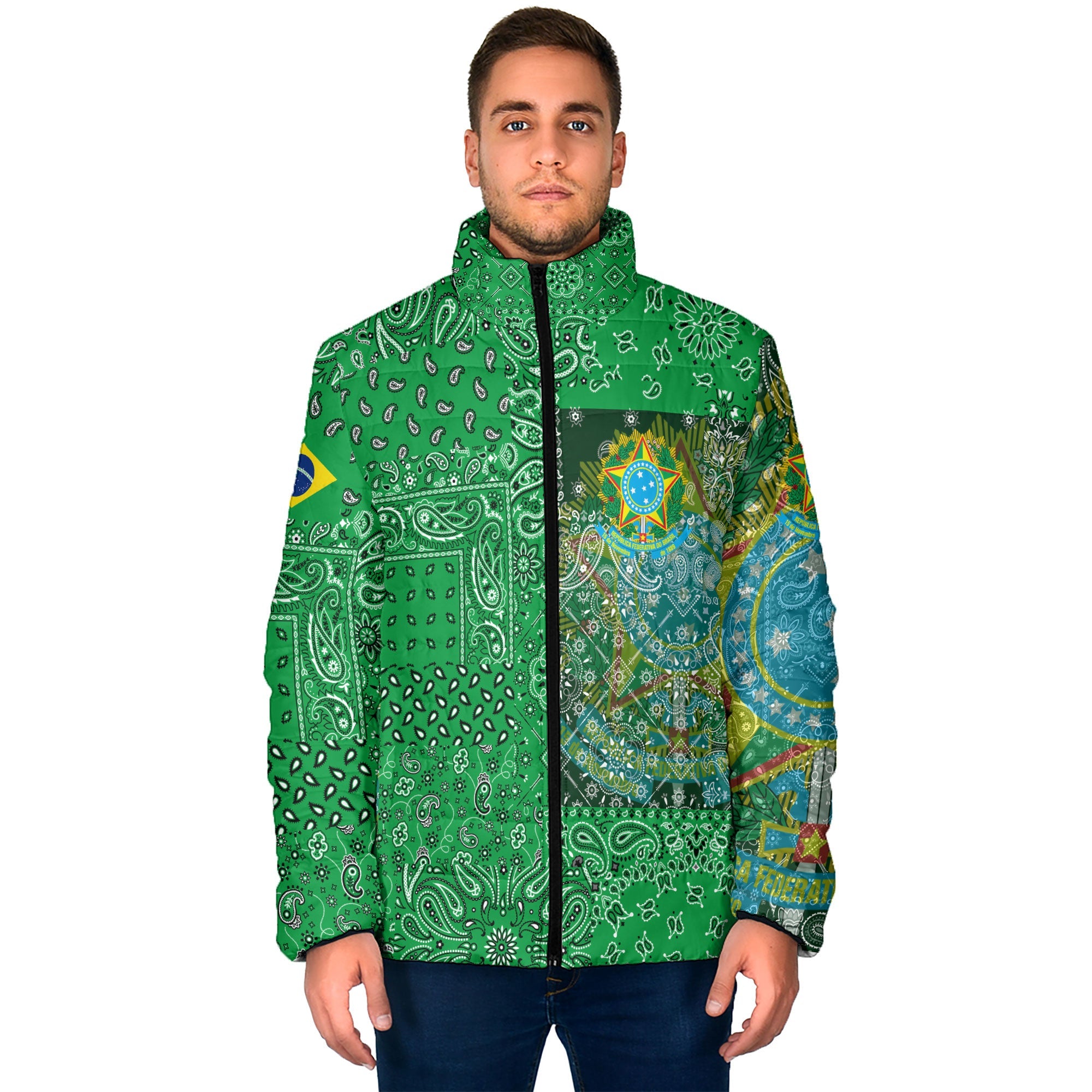 Brazil Men Padded Jacket Paisley Flag And Skull Style 1