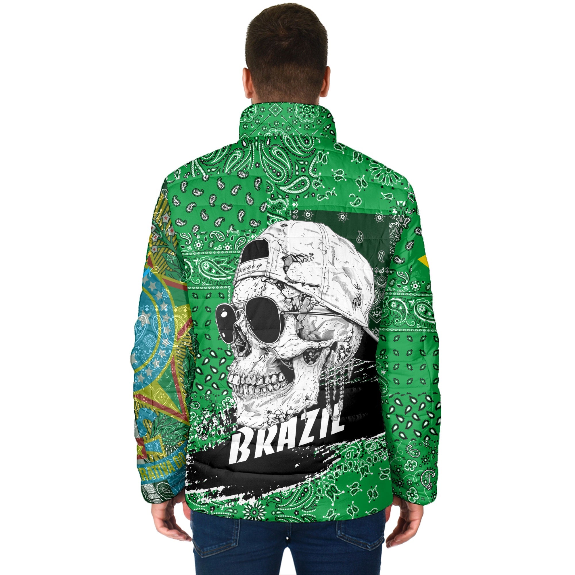 Brazil Men Padded Jacket Paisley Flag And Skull Style 2