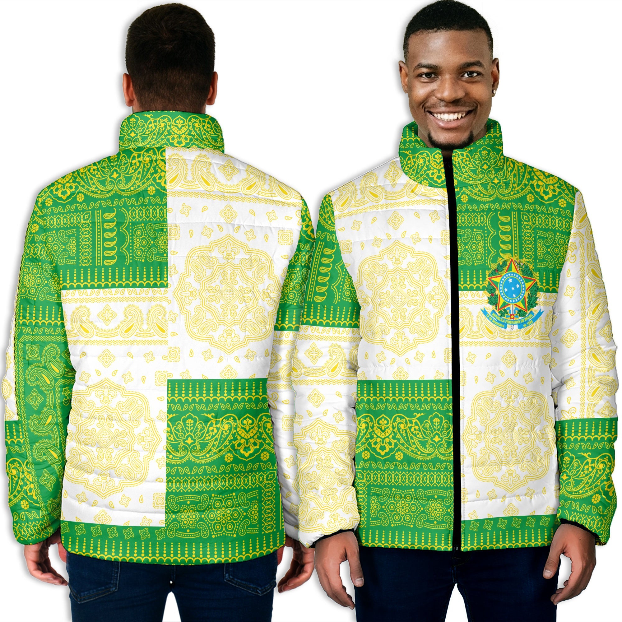 Brazil Men Padded Jacket Flag And Paisley Basic Style 3