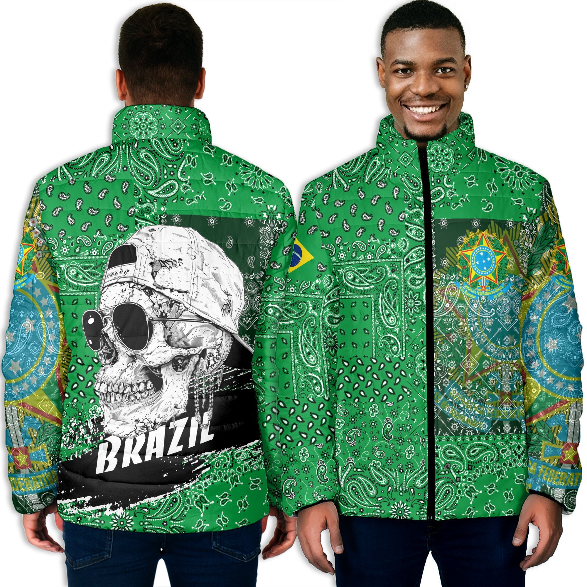 Brazil Men Padded Jacket Paisley Flag And Skull Style 3