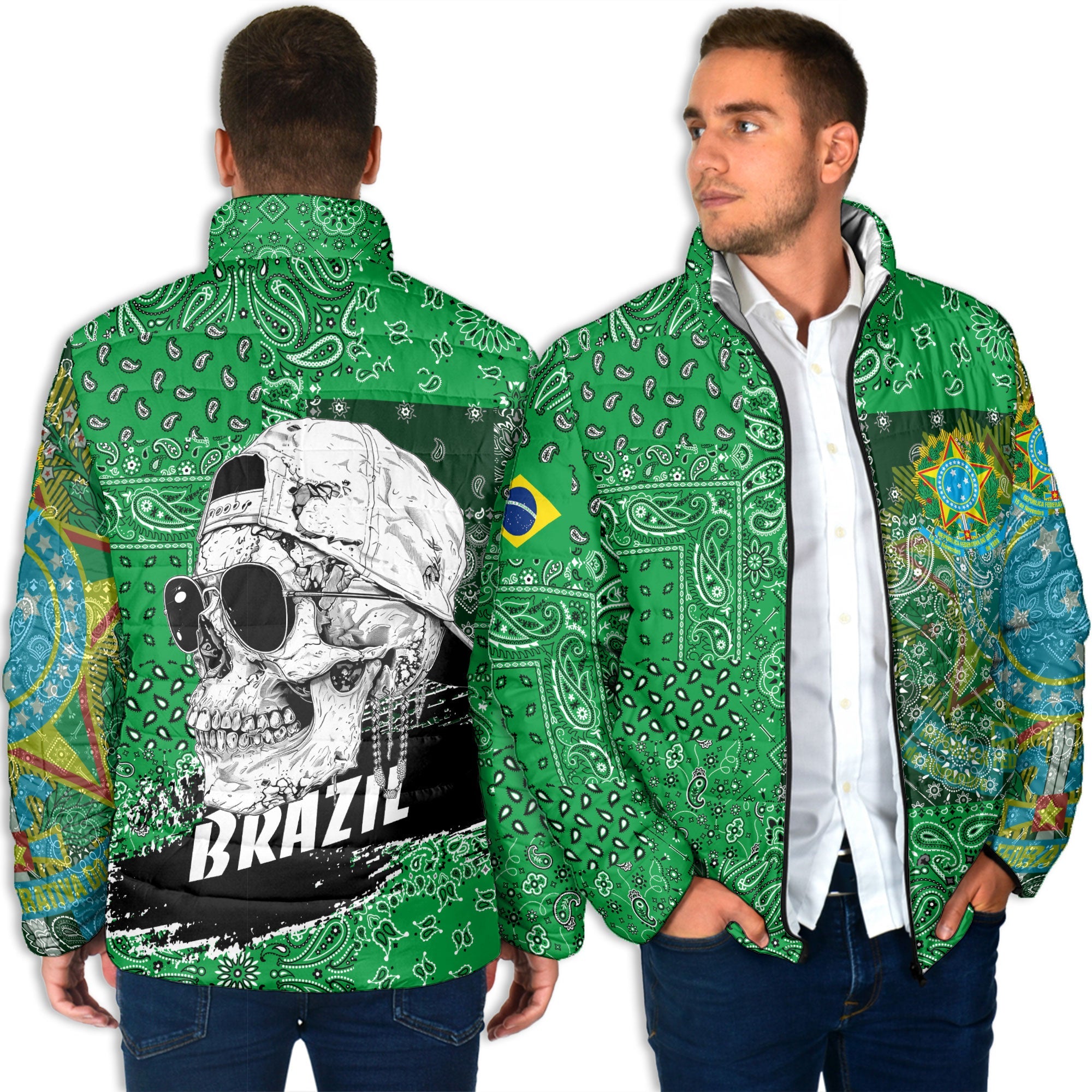 Brazil Men Padded Jacket Paisley Flag And Skull Style 4