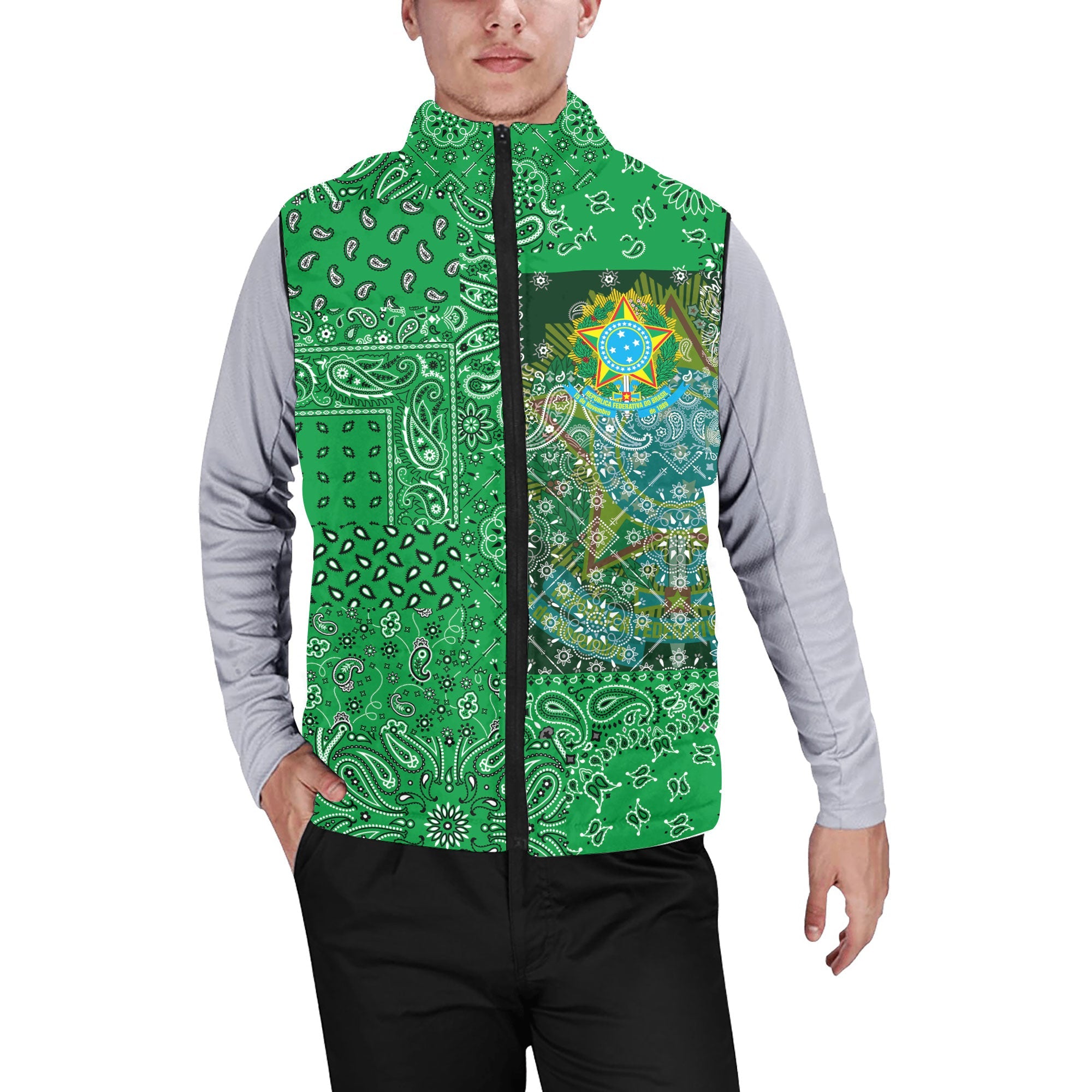 Brazil Men Padded Jacket Vest Paisley Flag And Skull Style 1