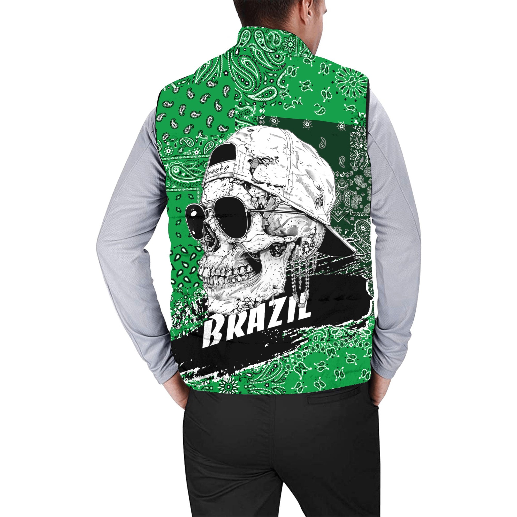 Brazil Men Padded Jacket Vest Paisley Flag And Skull Style 2