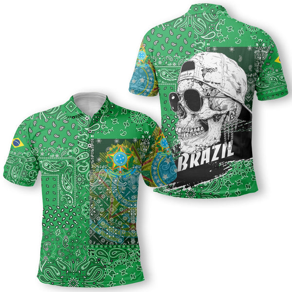 Brazil Polo Shirt Paisley Flag And Skull Style 1