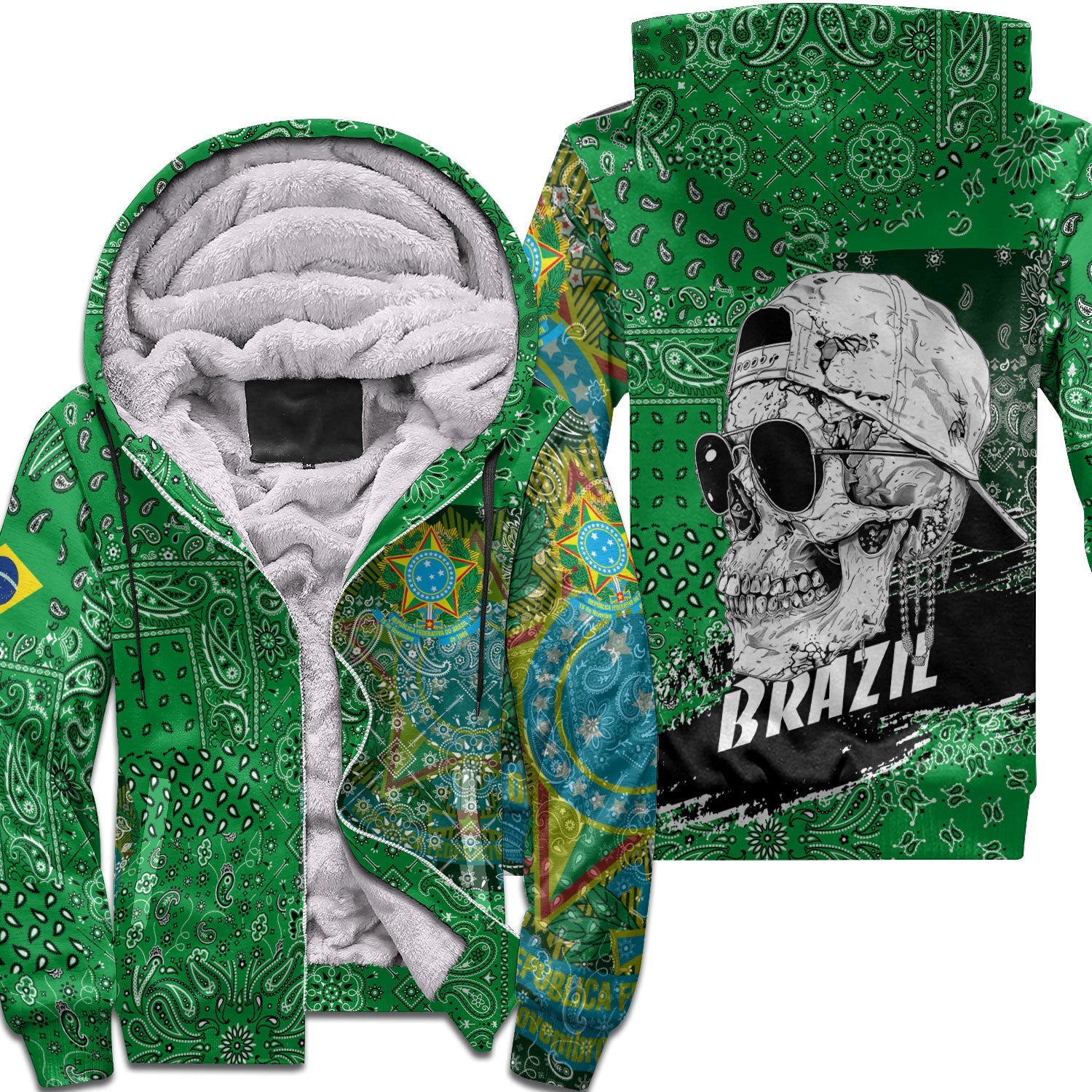 Brazil Sherpa Hoodie Paisley Flag And Skull Style 1