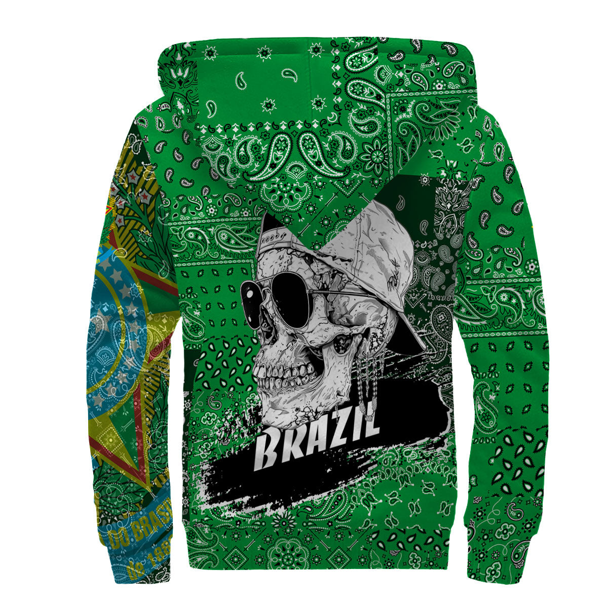 Brazil Sherpa Hoodie Paisley Flag And Skull Style 2