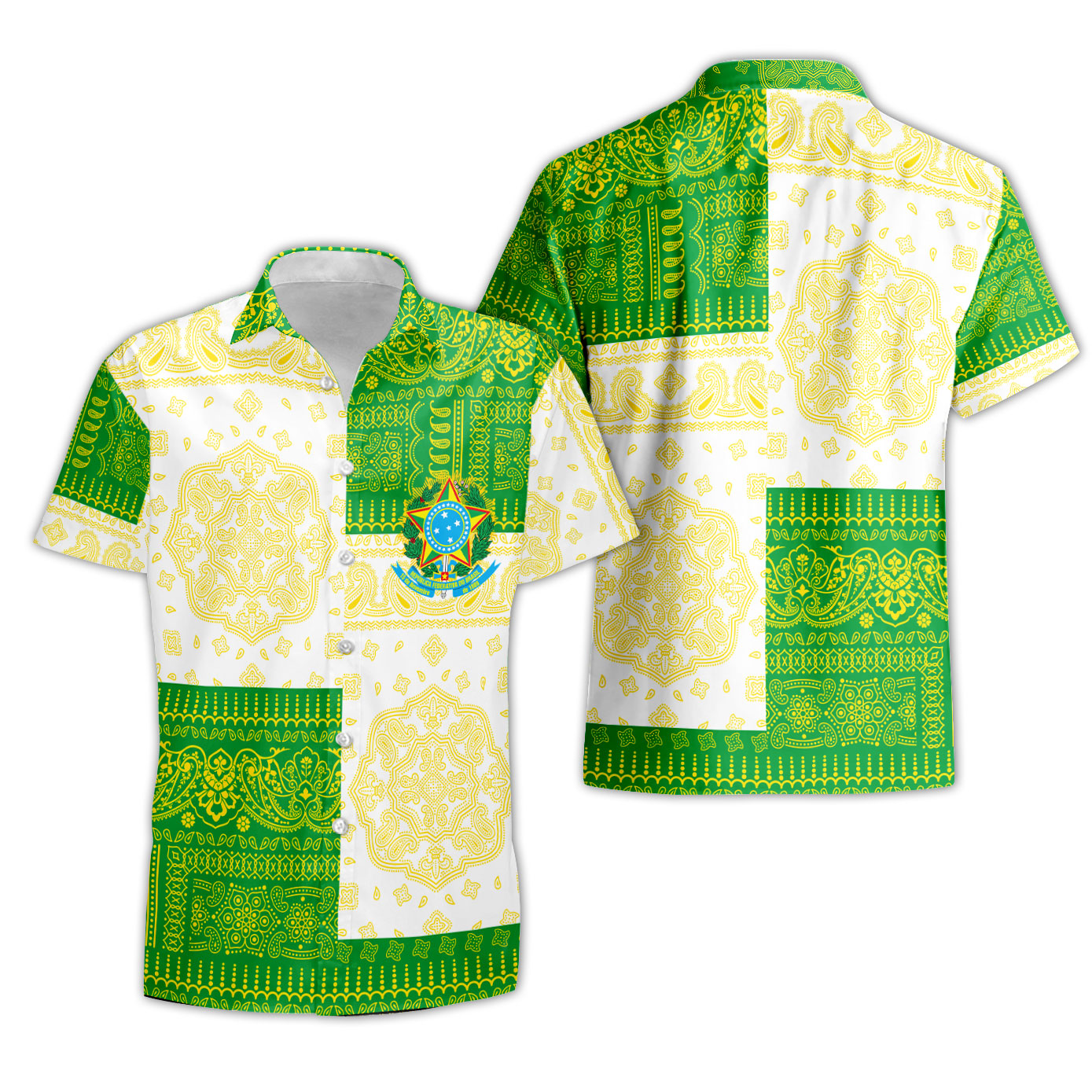 Brazil Short Sleeve Shirt Flag And Paisley Basic Style 1