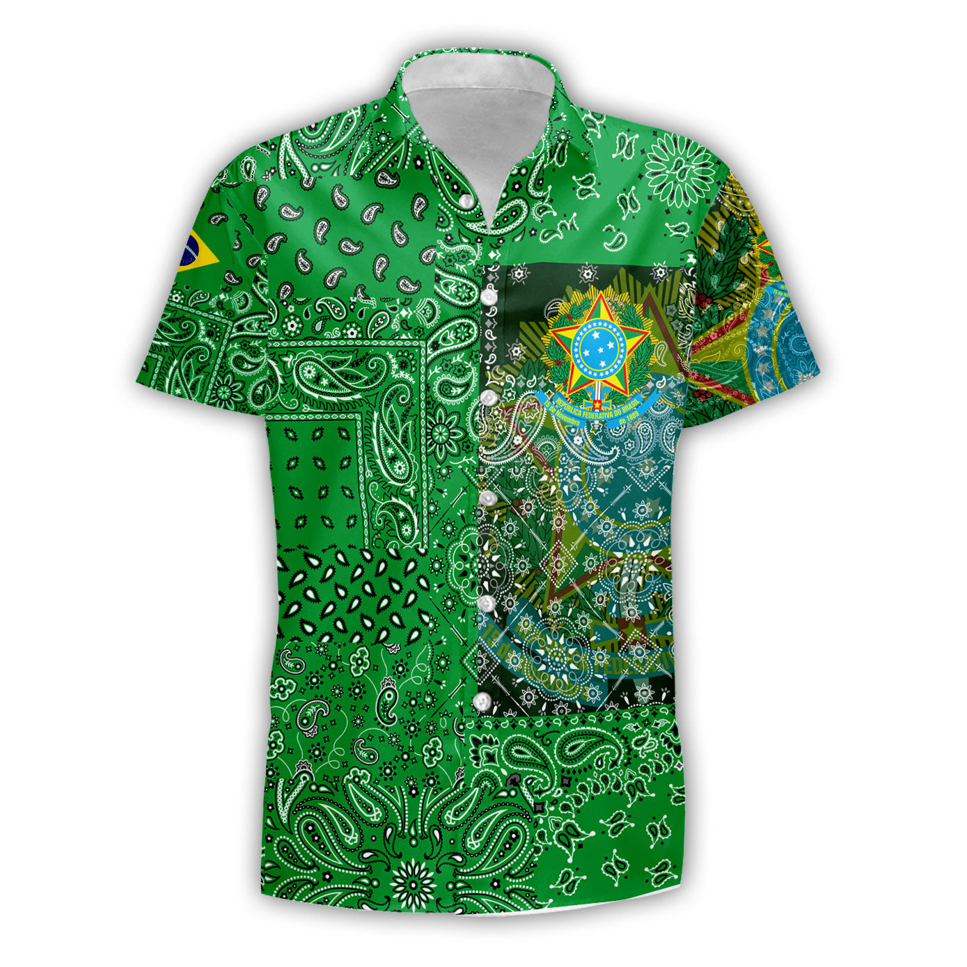 Brazil Short Sleeve Shirt Paisley Flag And Skull Style 1