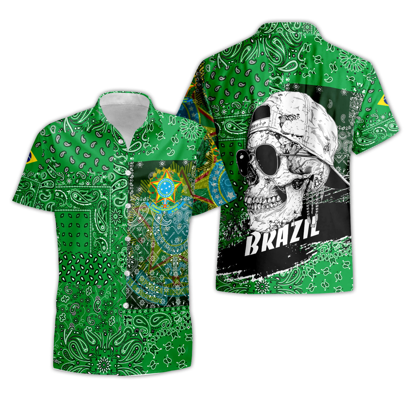 Brazil Short Sleeve Shirt Paisley Flag And Skull Style 3