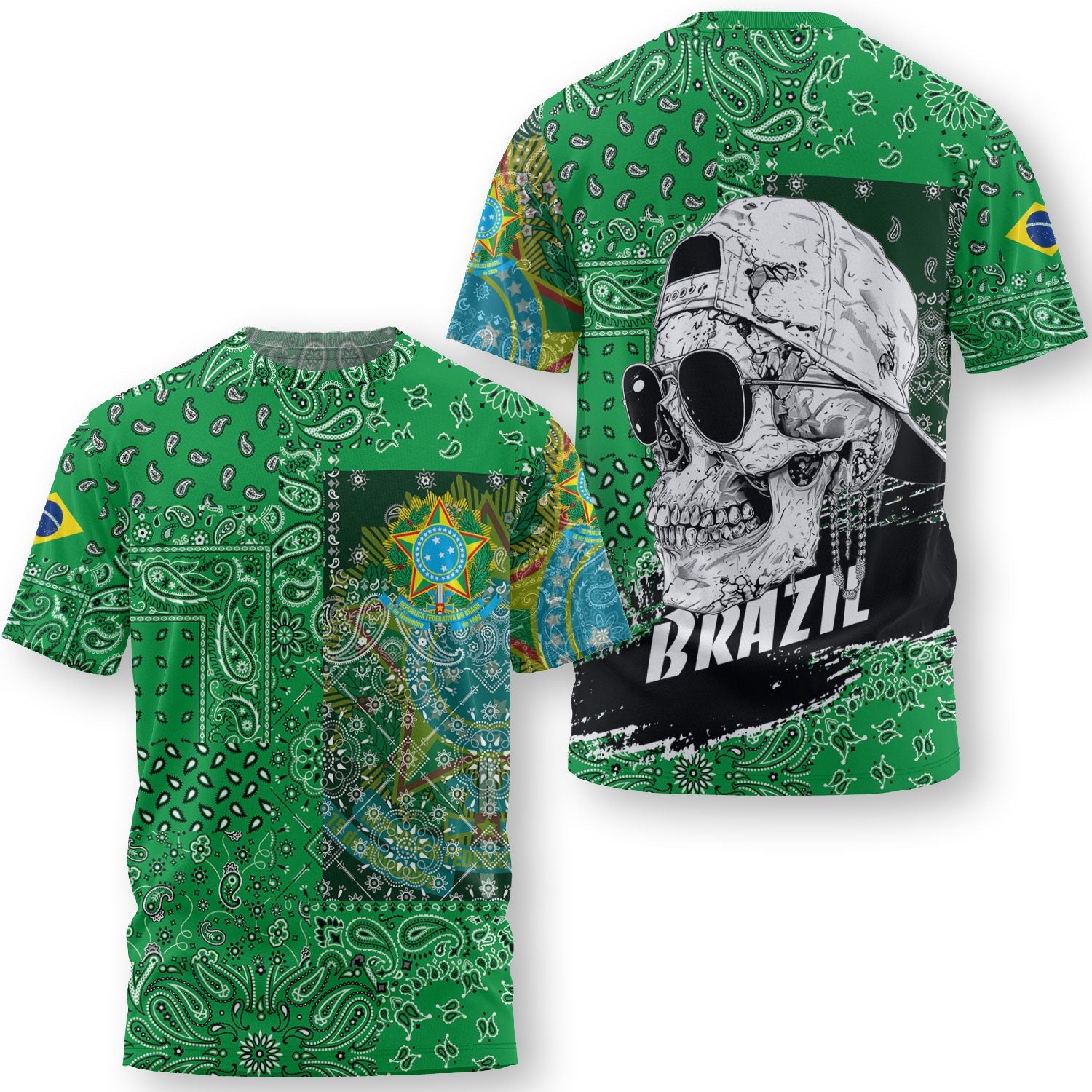 Brazil T Shirt Paisley Flag And Skull Style 3