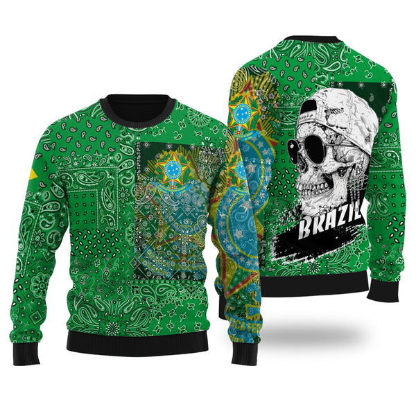 Brazil Ugly Sweater Paisley Flag And Skull Style 1