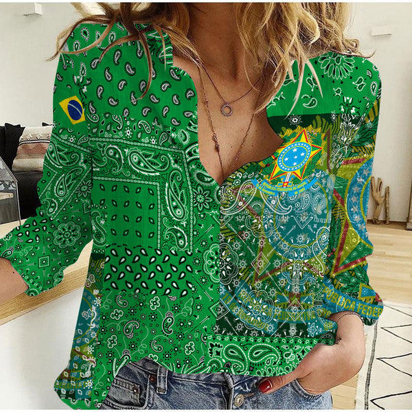 Brazil Women Casual Shirt Paisley Flag And Skull Style 1