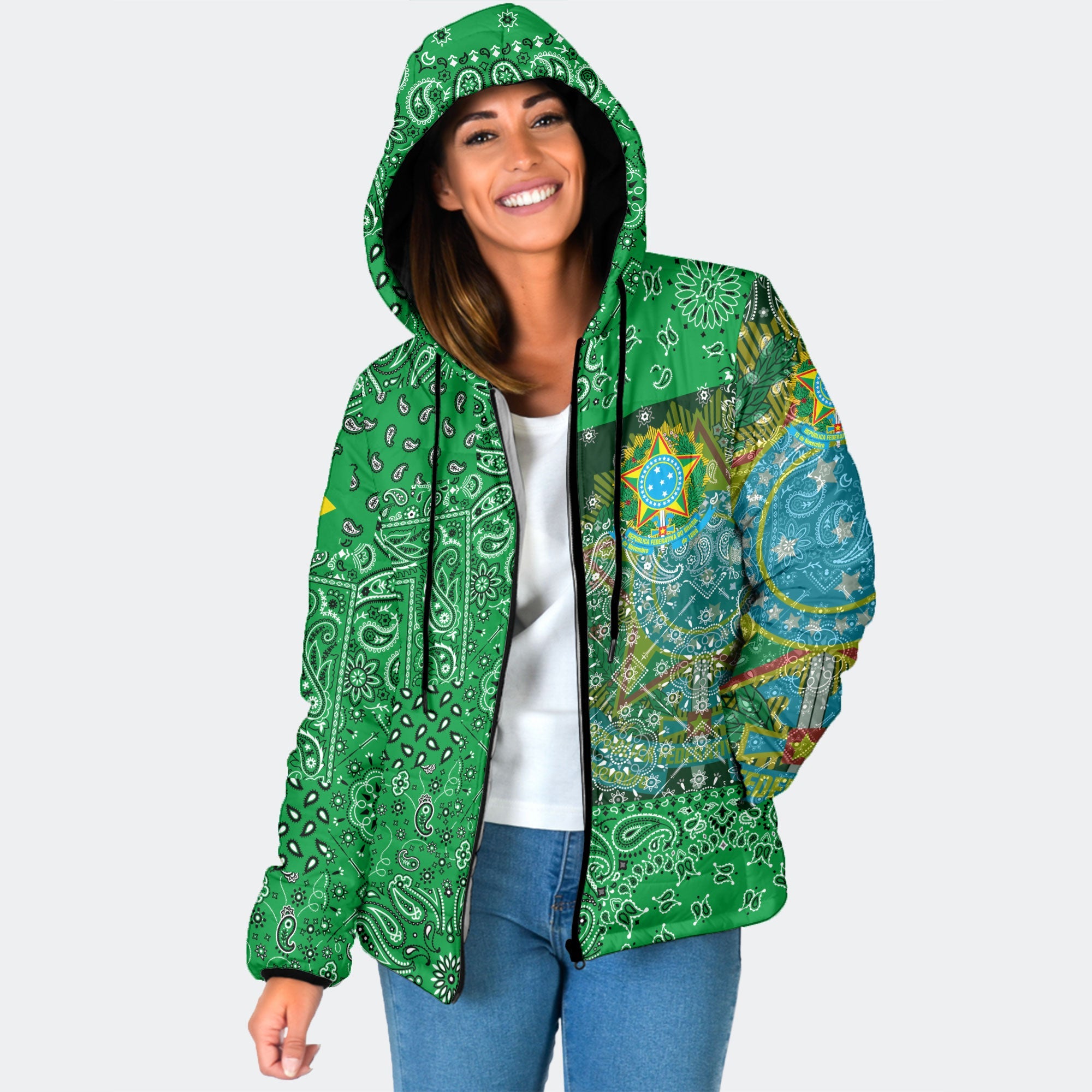 Brazil Women Hooded Padded Jacket Paisley Flag And Skull Style 1