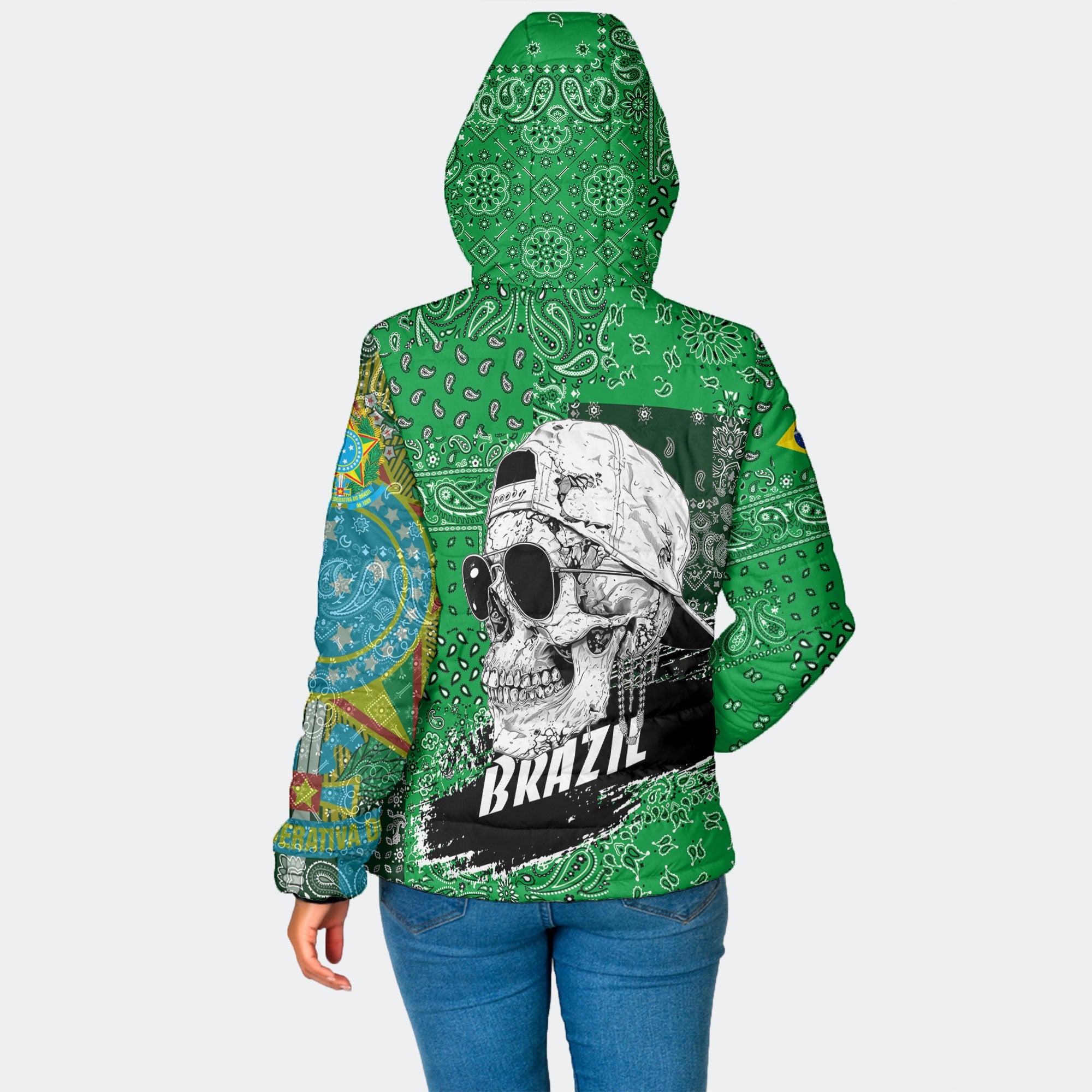 Brazil Women Hooded Padded Jacket Paisley Flag And Skull Style 2