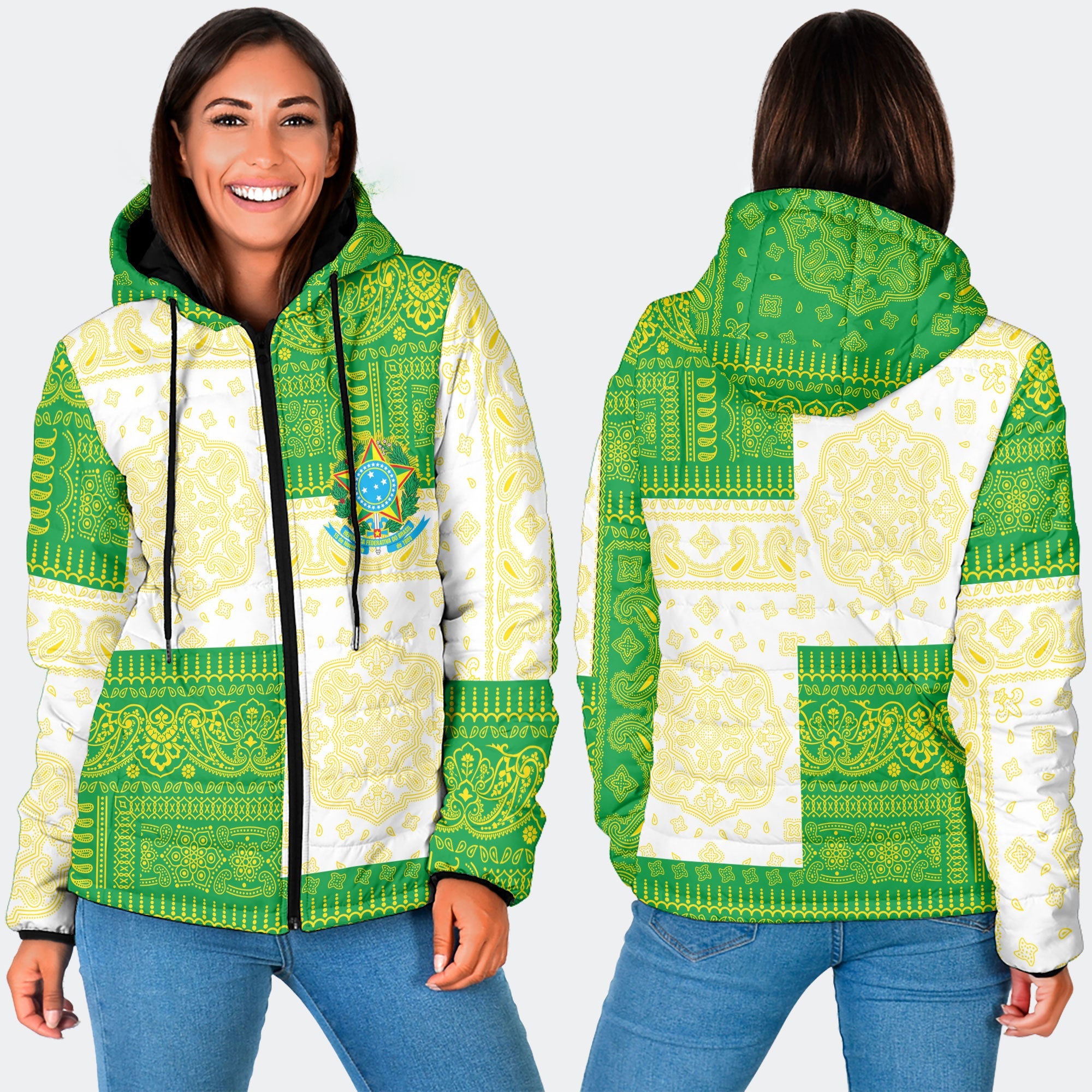 Brazil Women Hooded Padded Jacket Flag And Paisley Basic Style 3