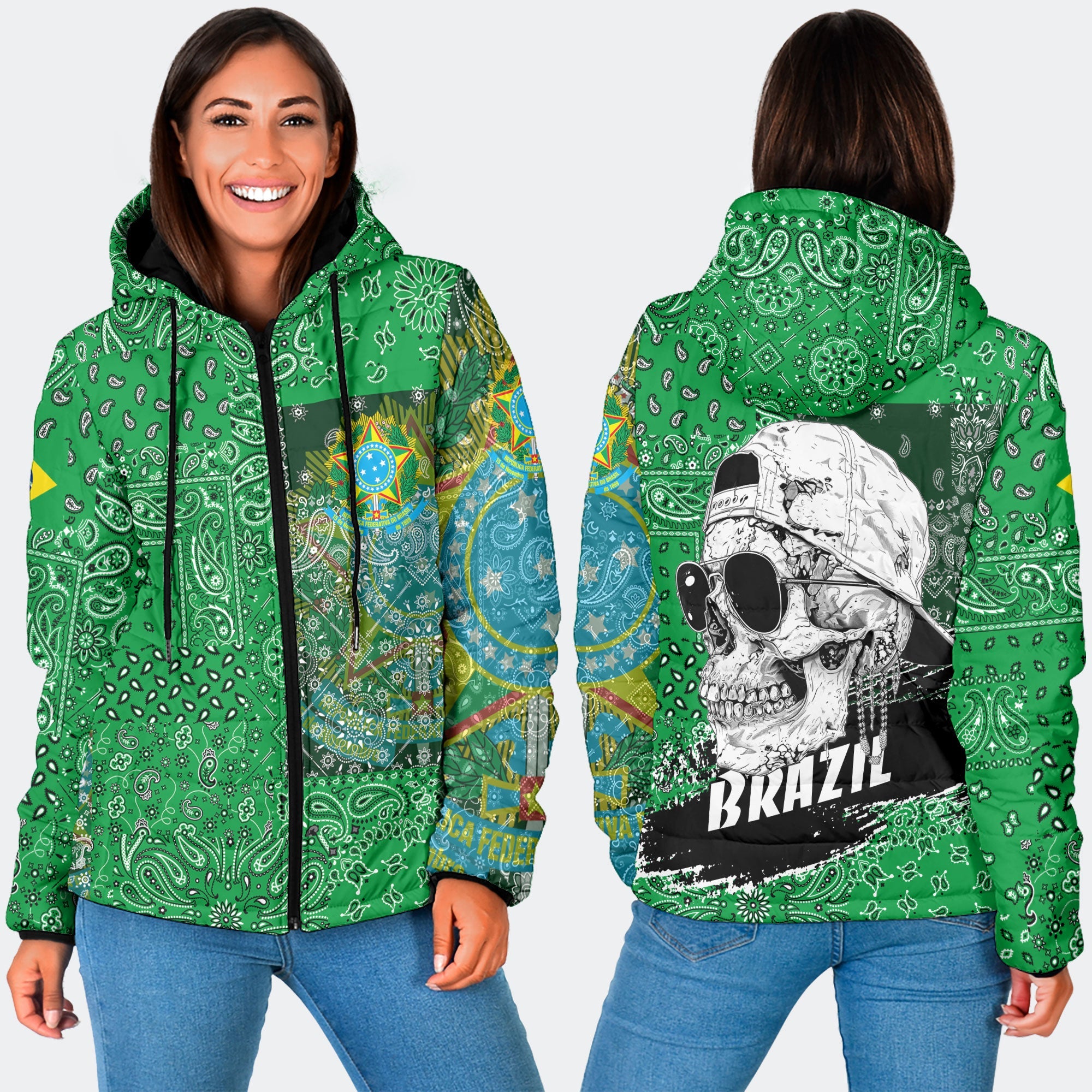 Brazil Women Hooded Padded Jacket Paisley Flag And Skull Style 3