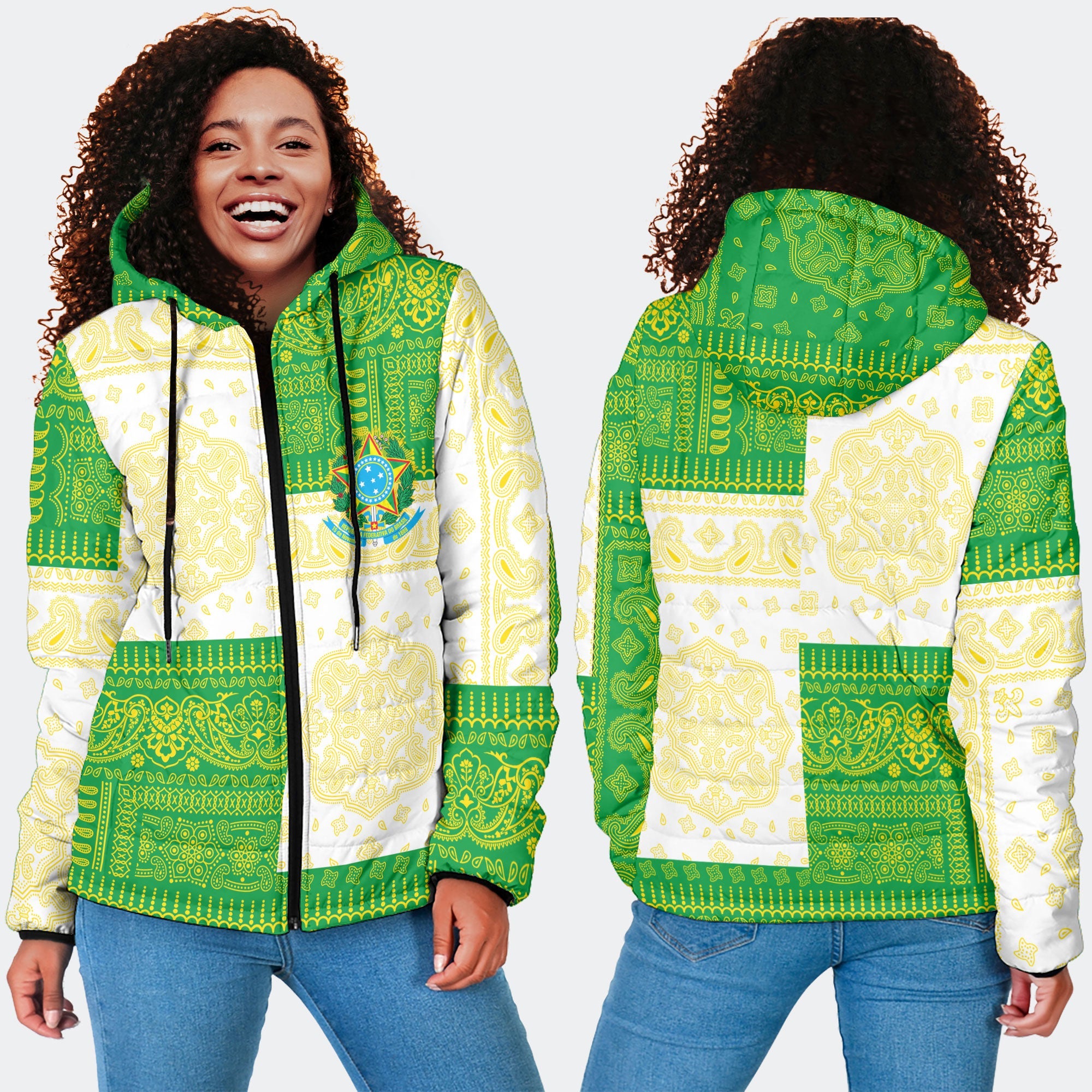 Brazil Women Hooded Padded Jacket Flag And Paisley Basic Style 4