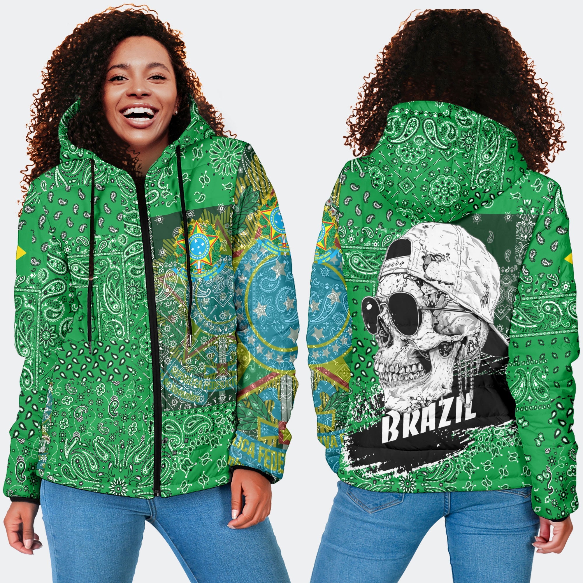 Brazil Women Hooded Padded Jacket Paisley Flag And Skull Style 4