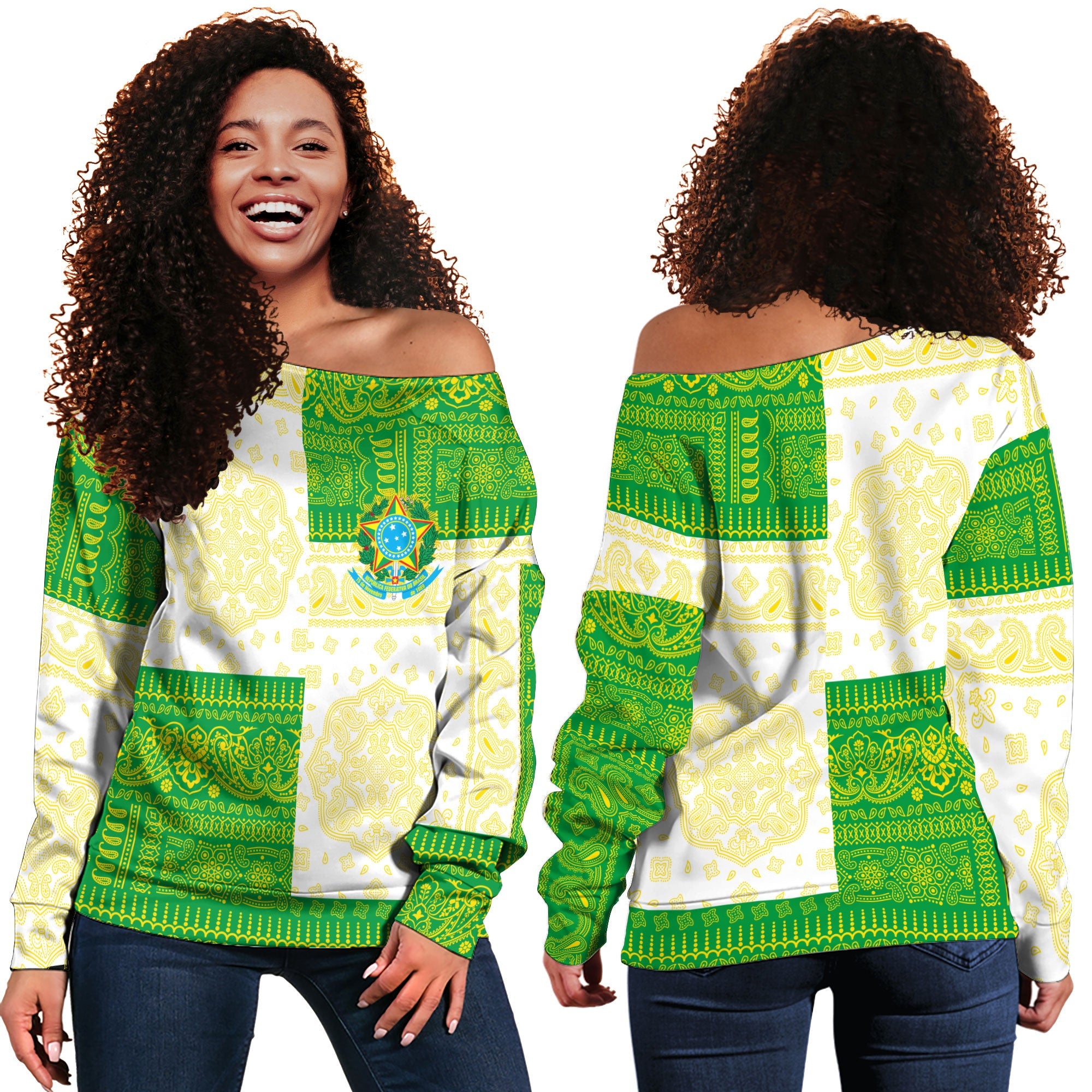 Brazil Women Off Shoulder Sweatshirt Flag And Paisley Basic Style 1