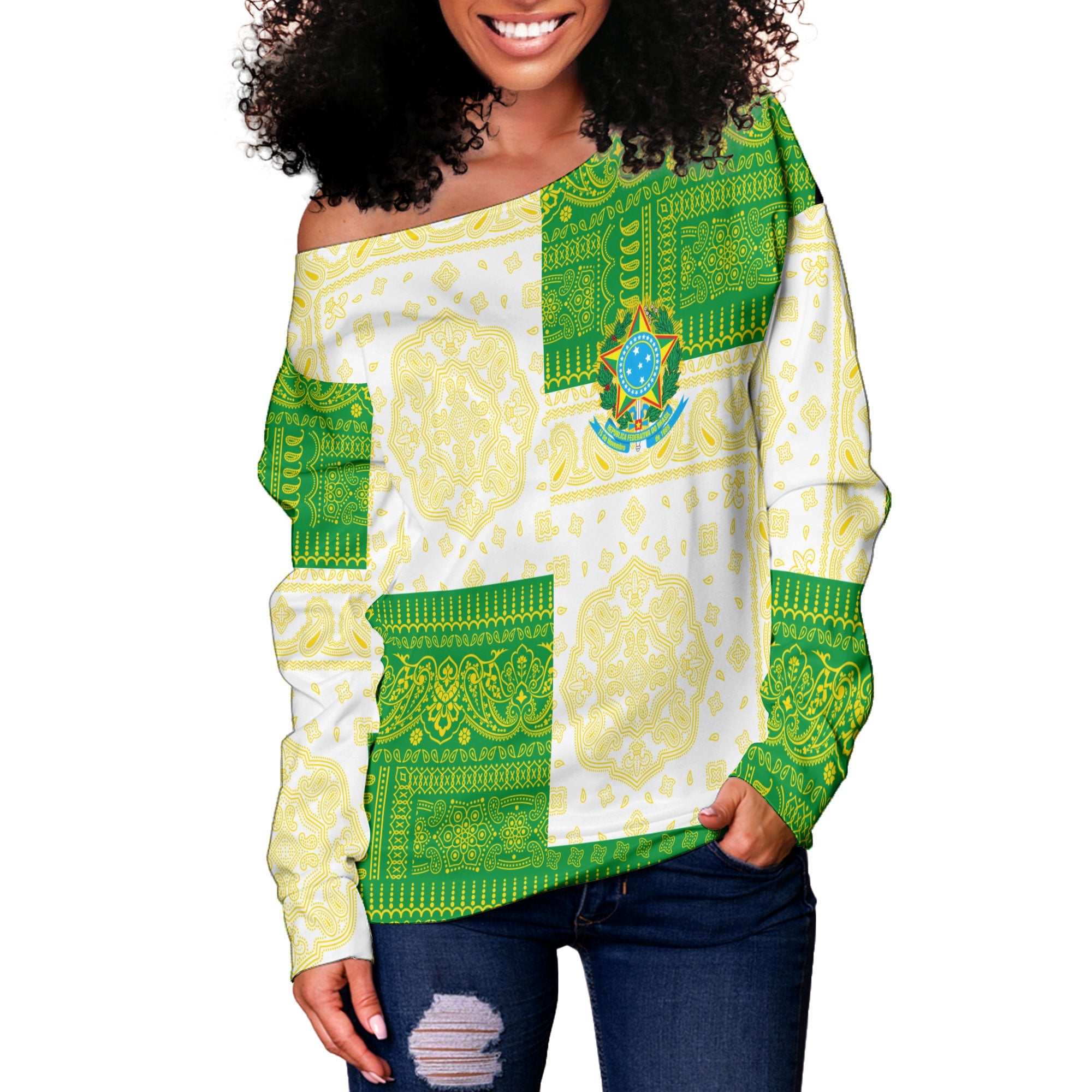 Brazil Women Off Shoulder Sweatshirt Flag And Paisley Basic Style 2