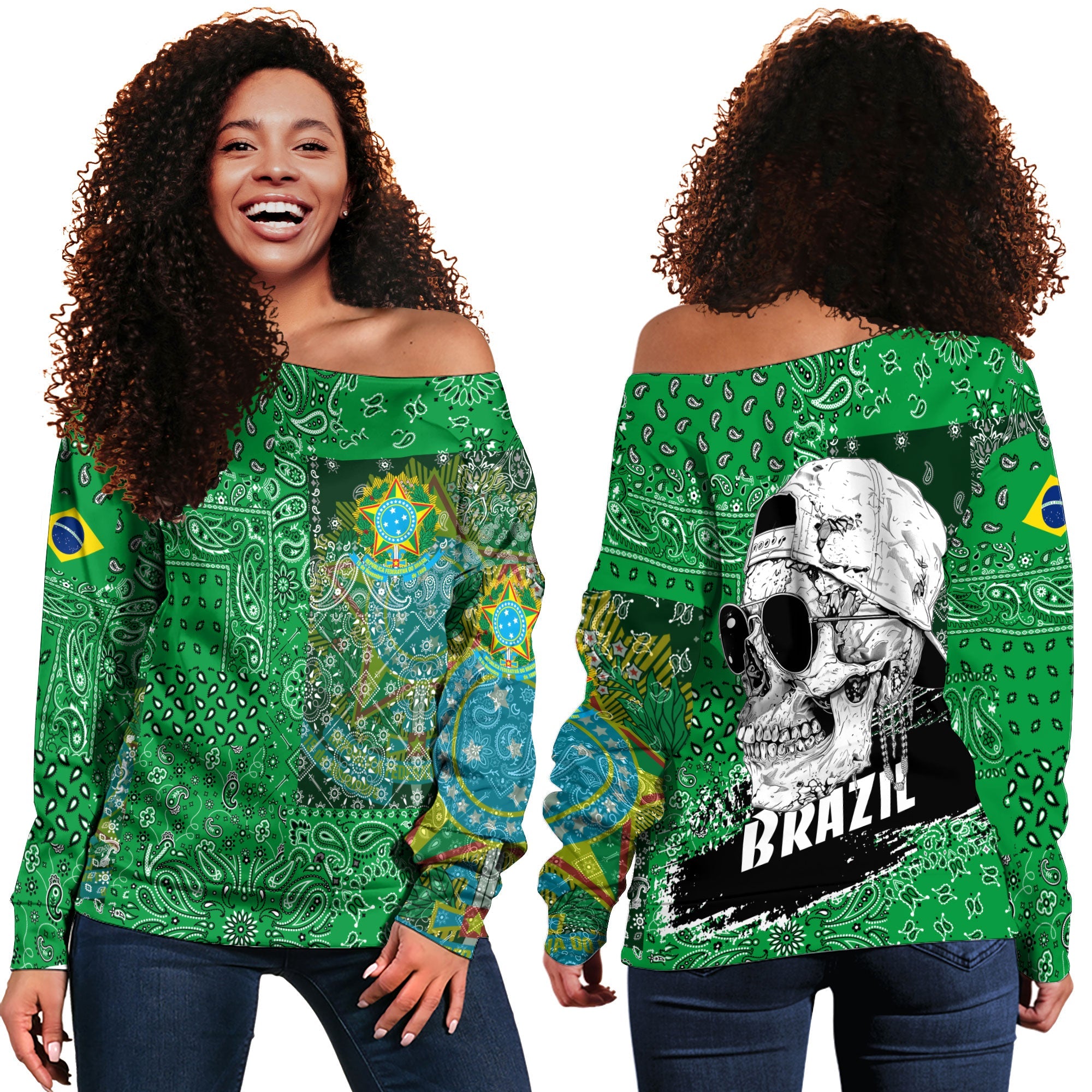 Brazil Women Off Shoulder Sweatshirt Paisley Flag And Skull Style 1