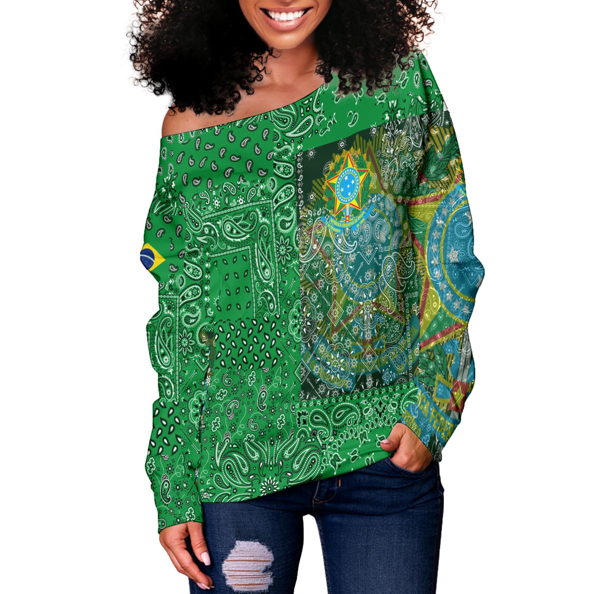 Brazil Women Off Shoulder Sweatshirt Paisley Flag And Skull Style 2