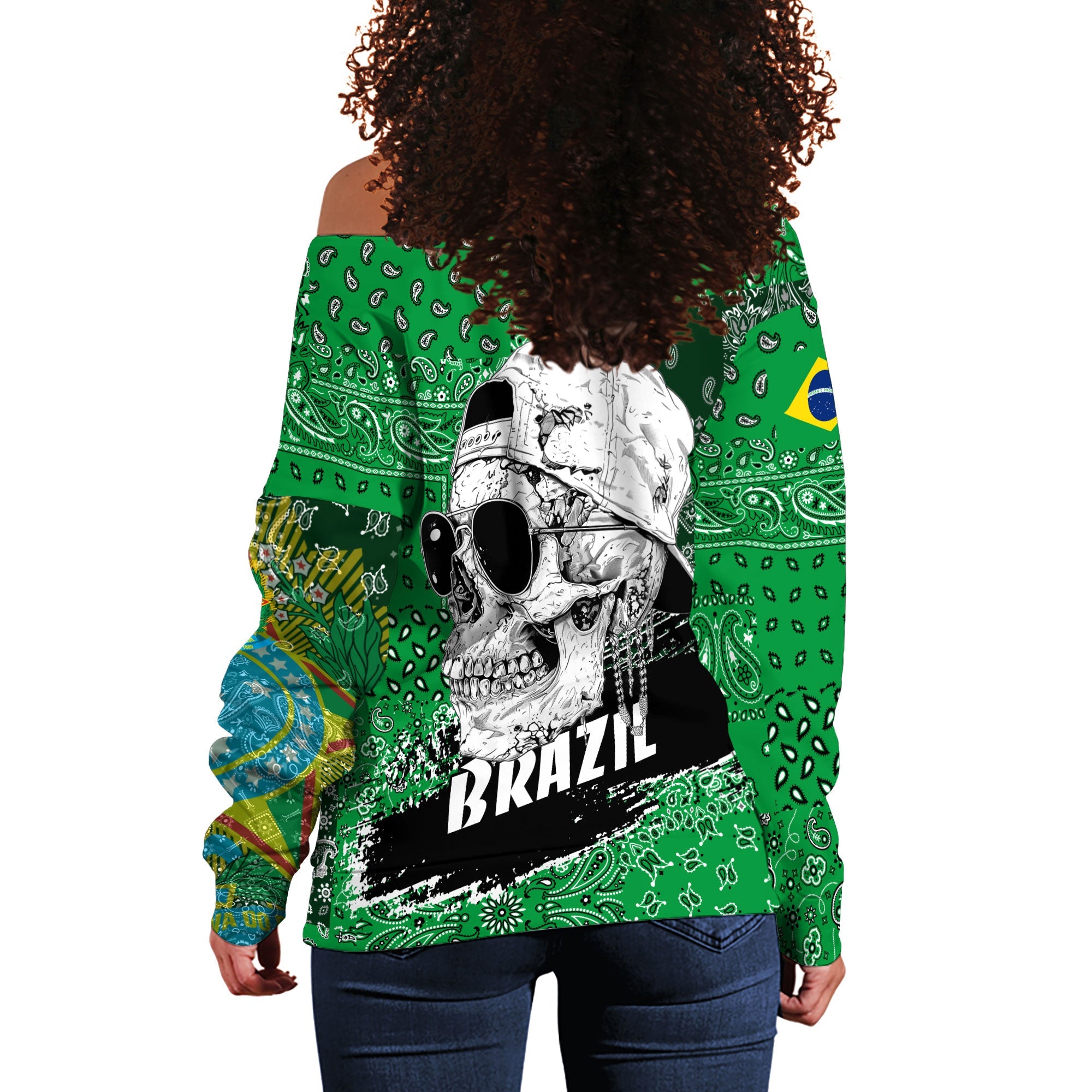 Brazil Women Off Shoulder Sweatshirt Paisley Flag And Skull Style 3