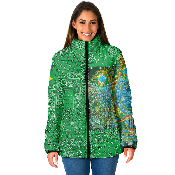 Brazil Women Padded Jacket Paisley Flag And Skull Style 1