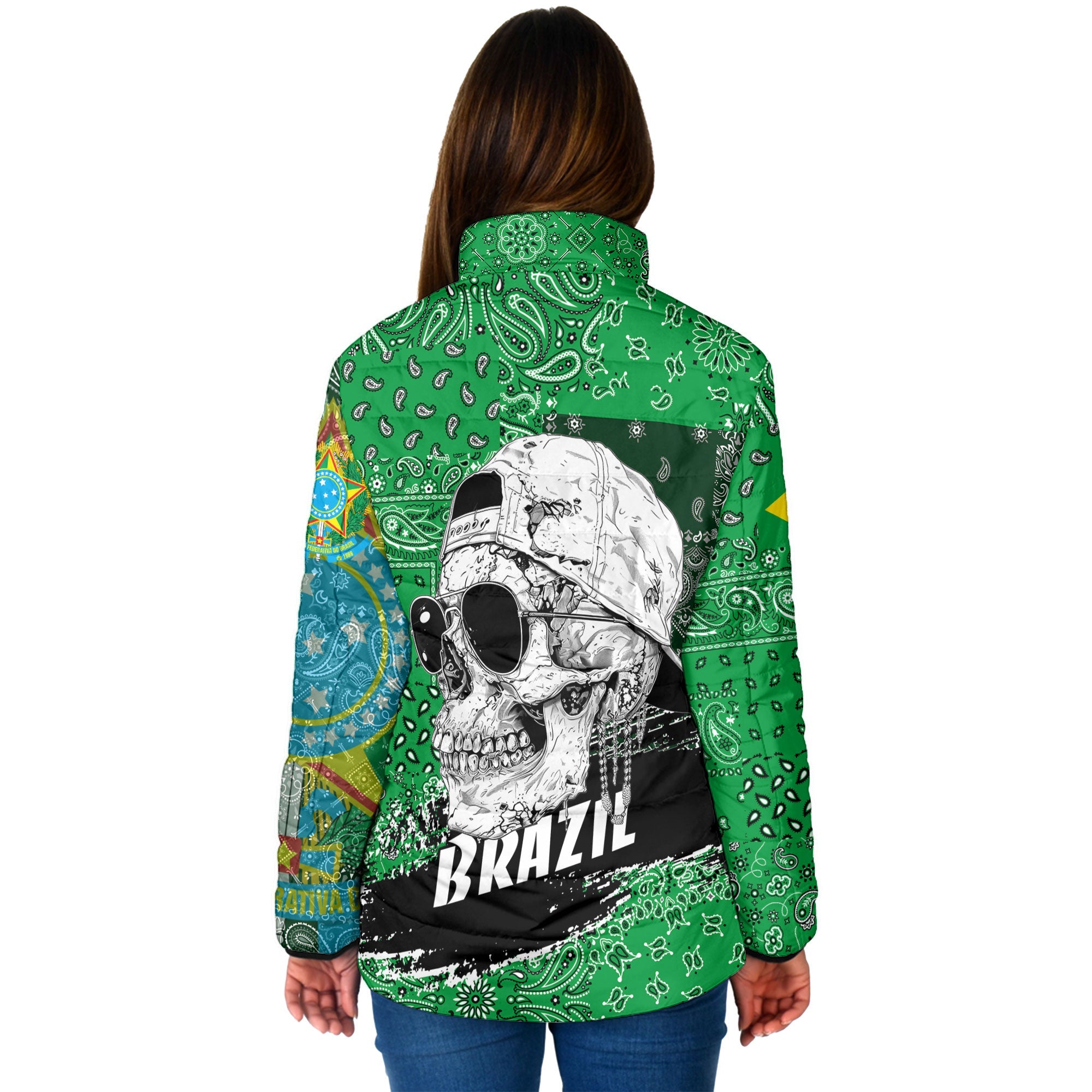 Brazil Women Padded Jacket Paisley Flag And Skull Style 2