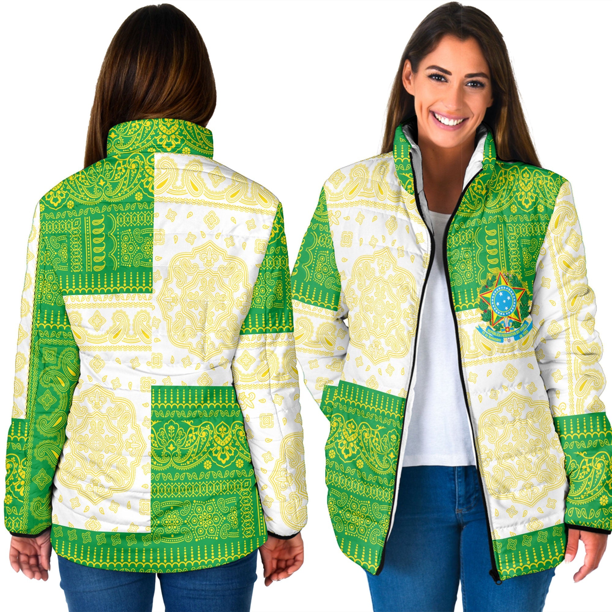 Brazil Women Padded Jacket Flag And Paisley Basic Style 3