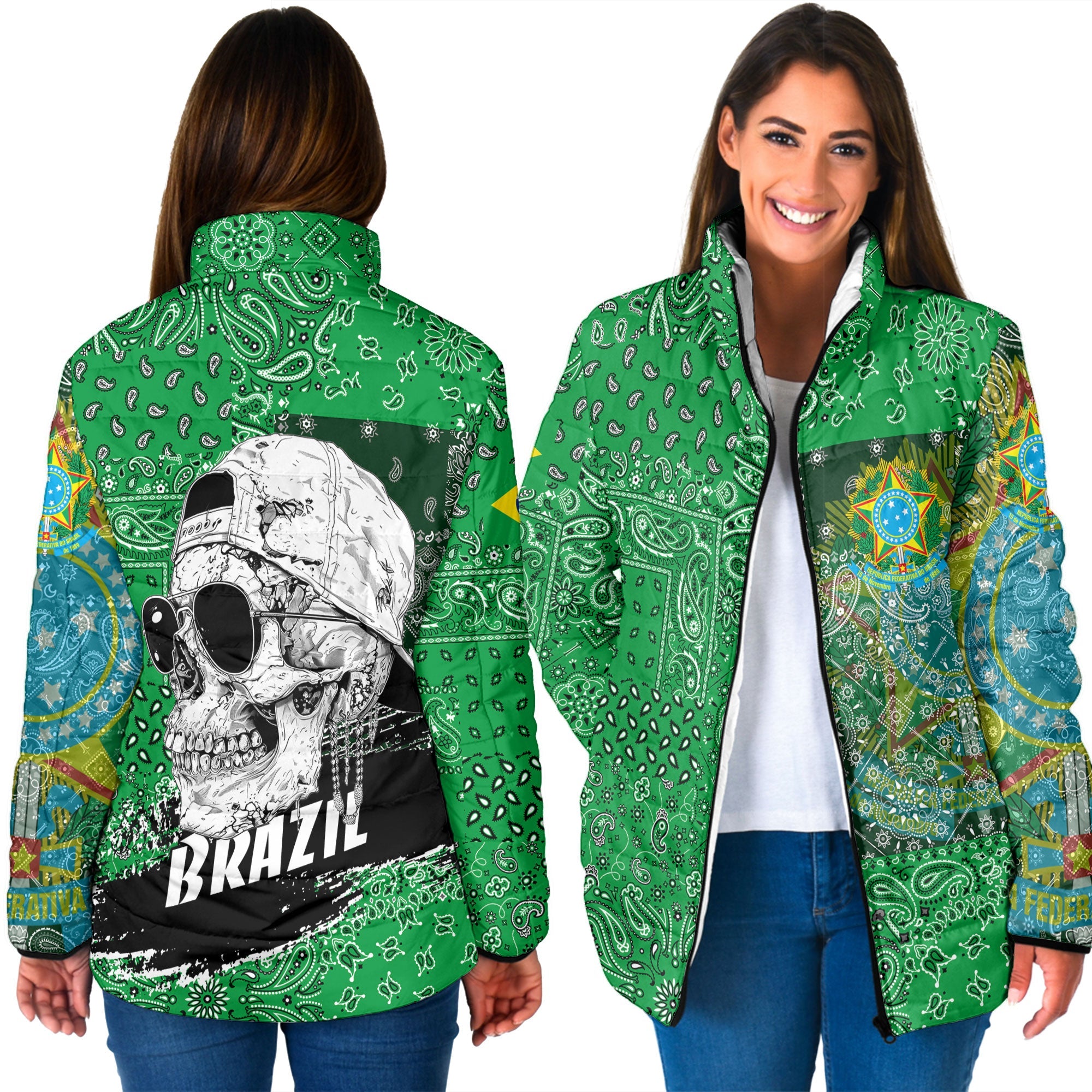 Brazil Women Padded Jacket Paisley Flag And Skull Style 3