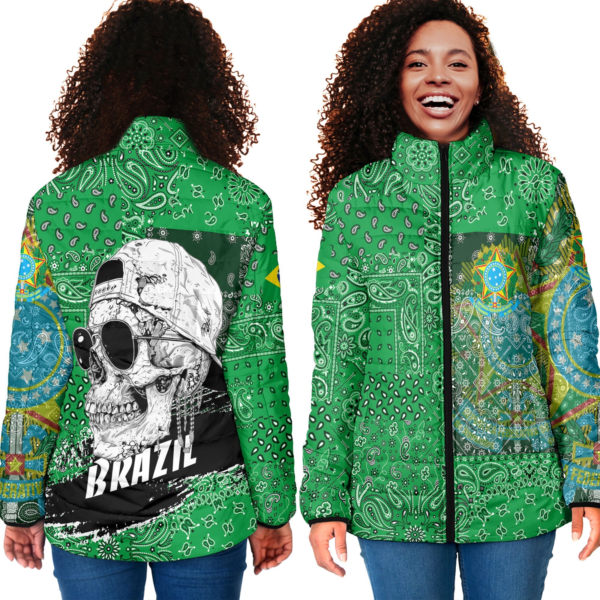 Brazil Women Padded Jacket Paisley Flag And Skull Style 4