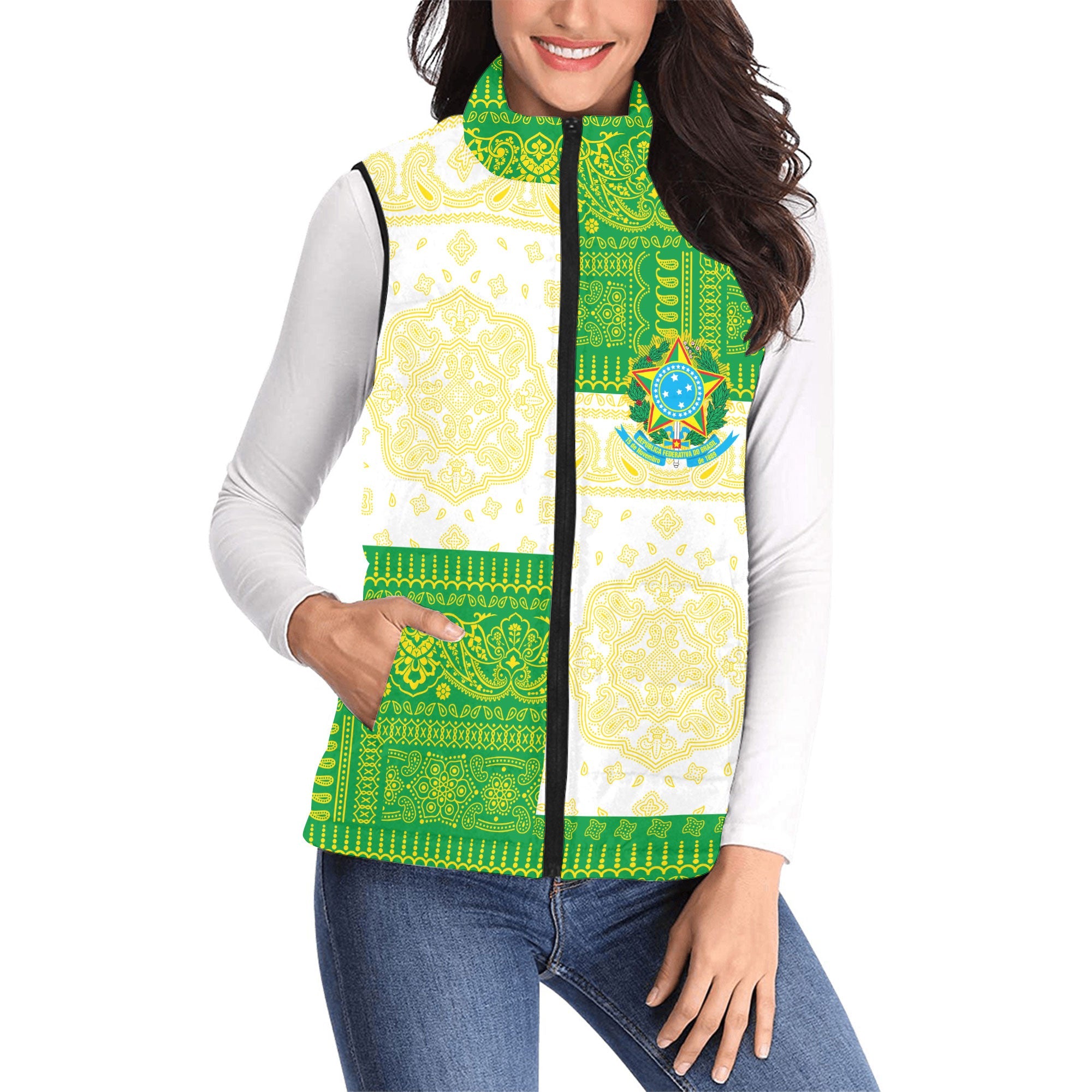 Brazil Women Padded Jacket Vest Flag And Paisley Basic Style 1