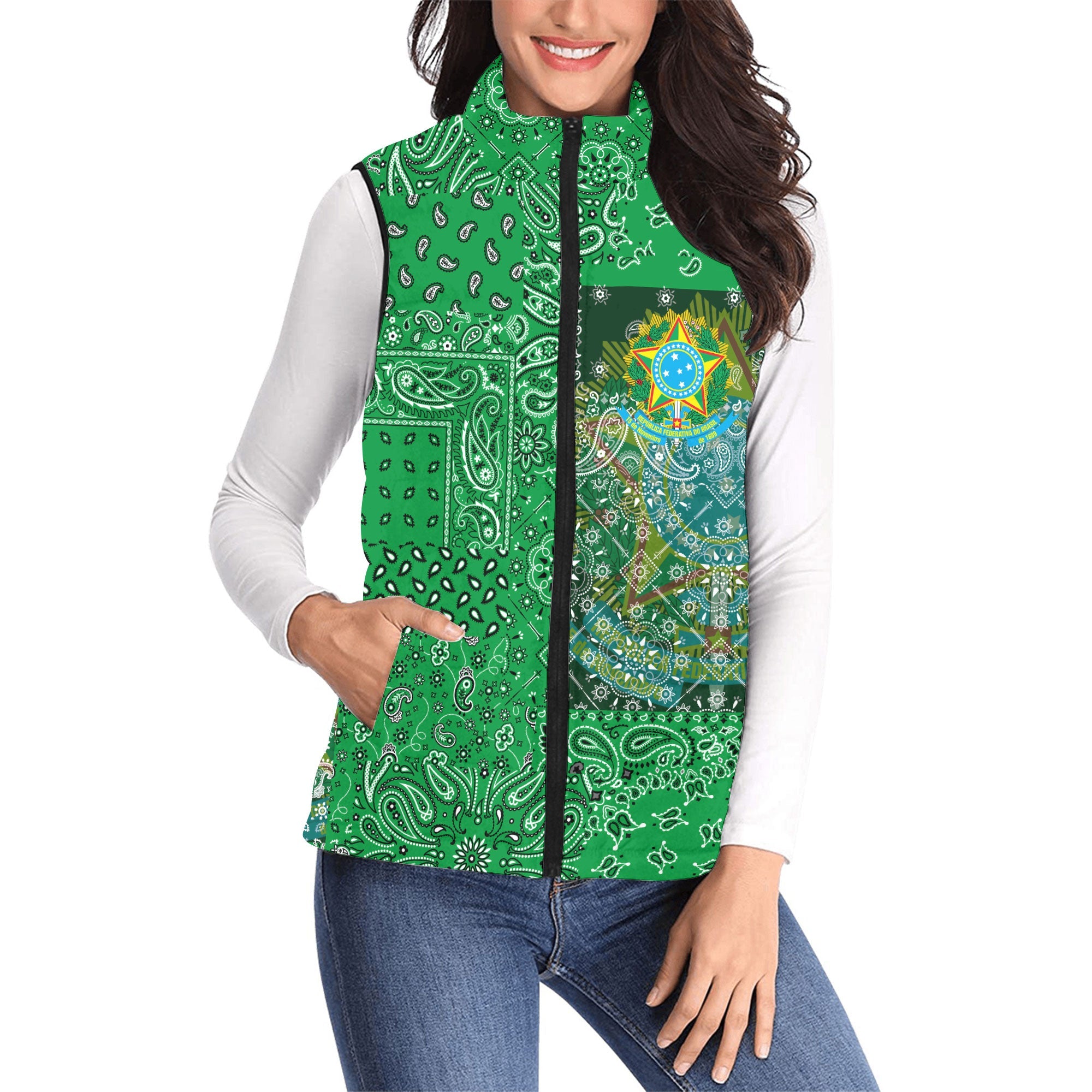 Brazil Women Padded Jacket Vest Paisley Flag And Skull Style 1