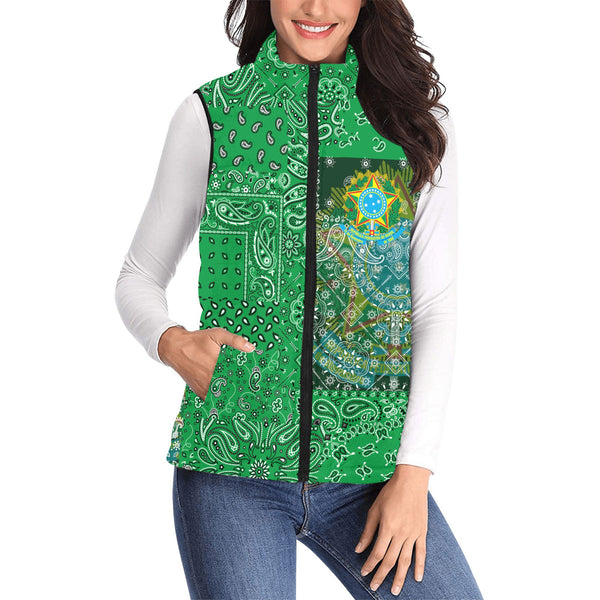 Brazil Women Padded Jacket Vest Paisley Flag And Skull Style 1