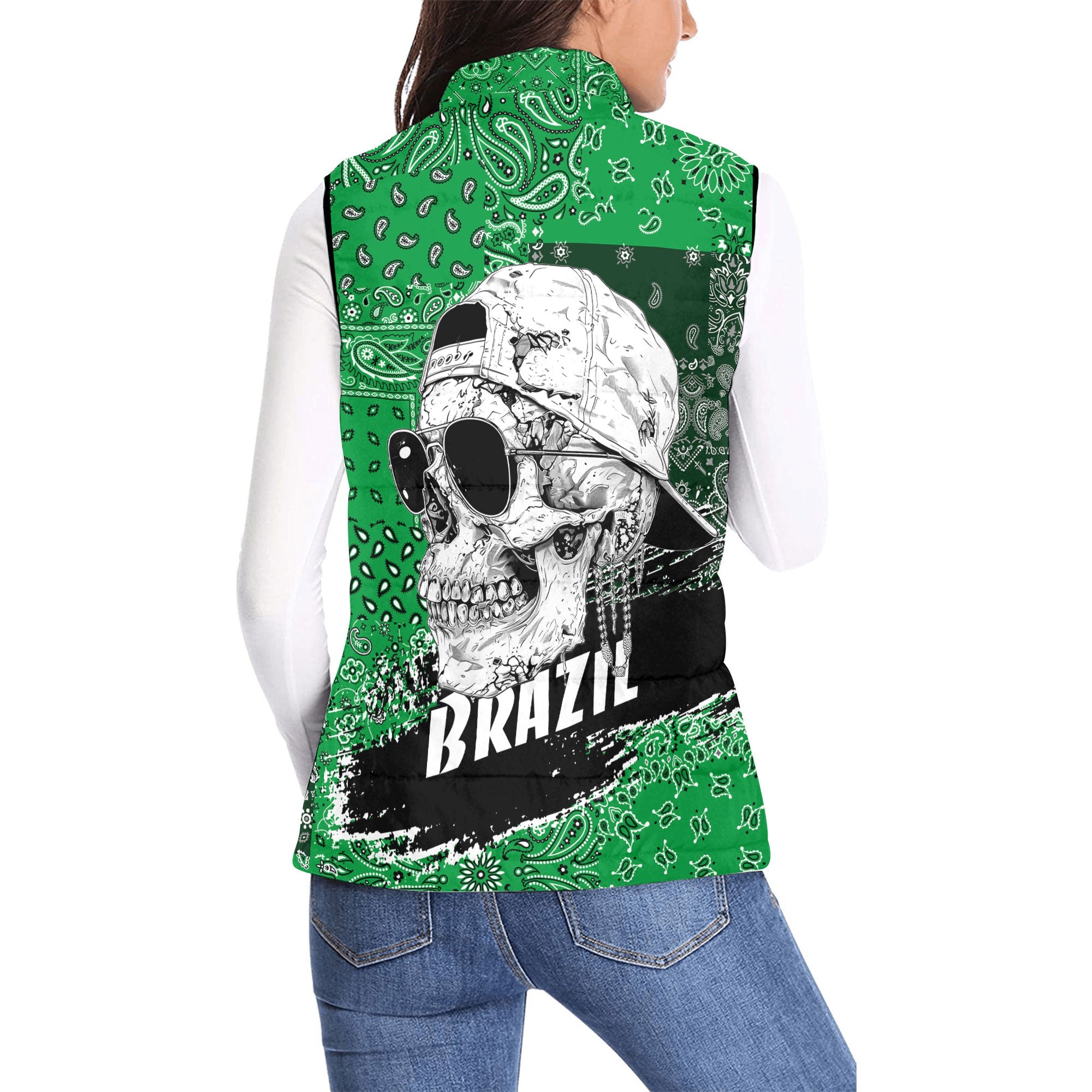 Brazil Women Padded Jacket Vest Paisley Flag And Skull Style 2