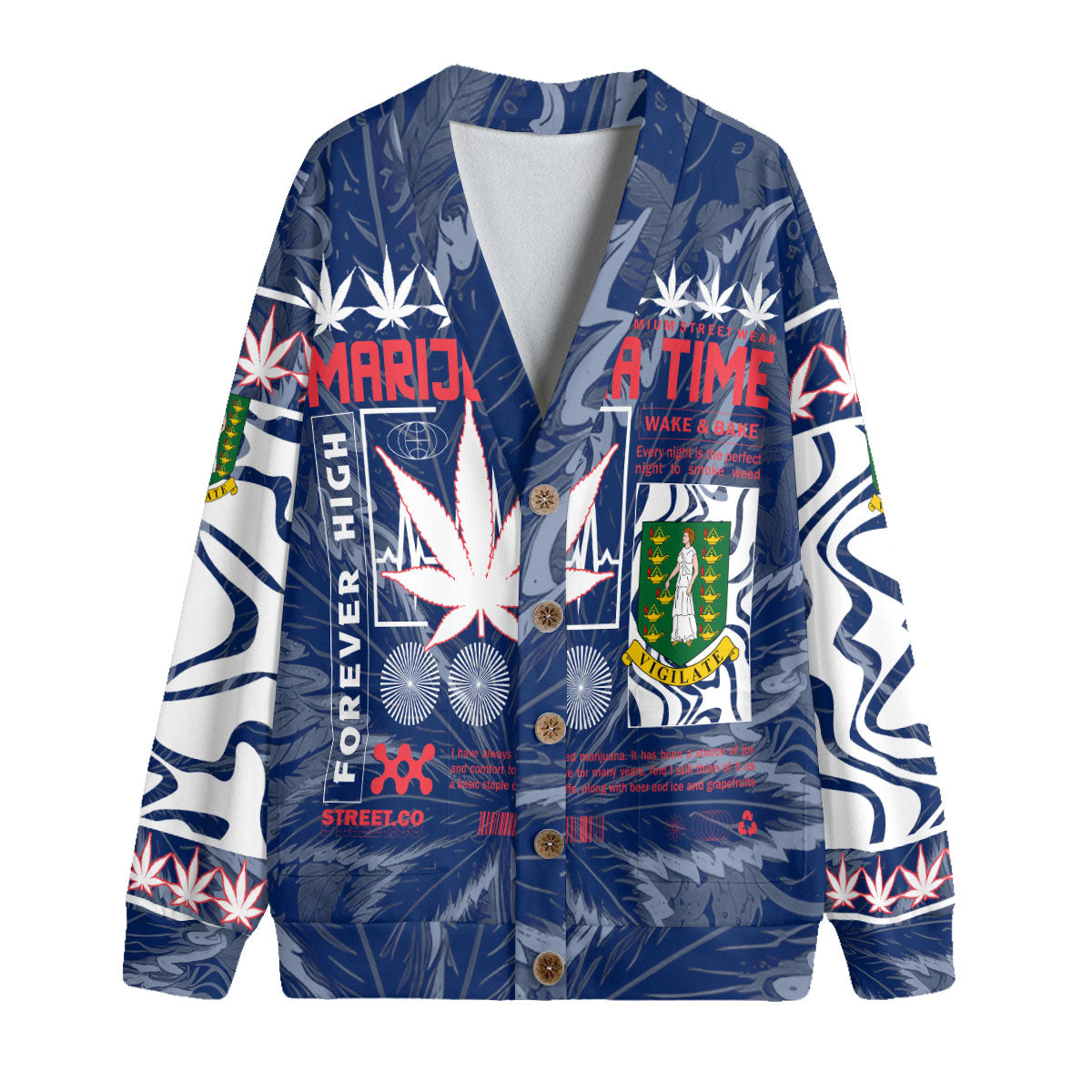 British Virgin Islands Fleece Cardigan Flag & Coat Of Arms Marijuanas Style