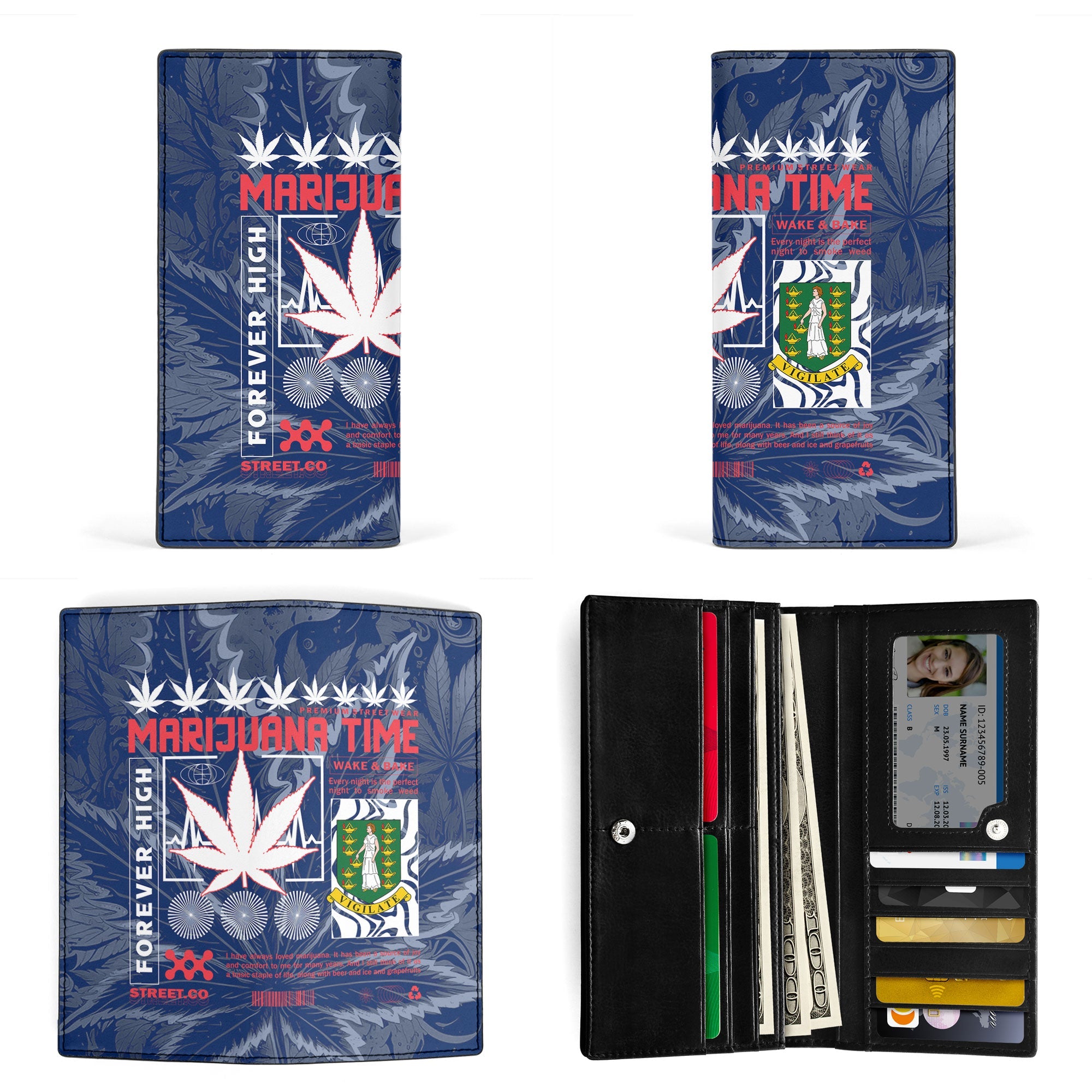 British Virgin Islands Leather Wallet Flag & Coat Of Arms Marijuanas Style