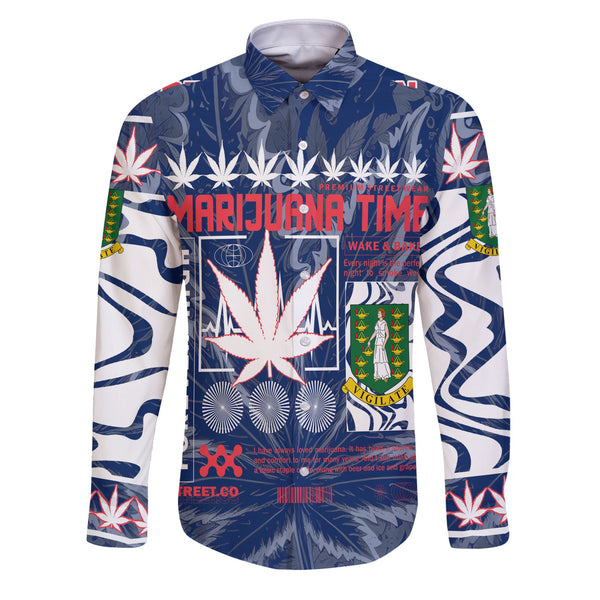 British Virgin Islands Long Sleeve Button Shirt Flag & Coat Of Arms Marijuanas Style