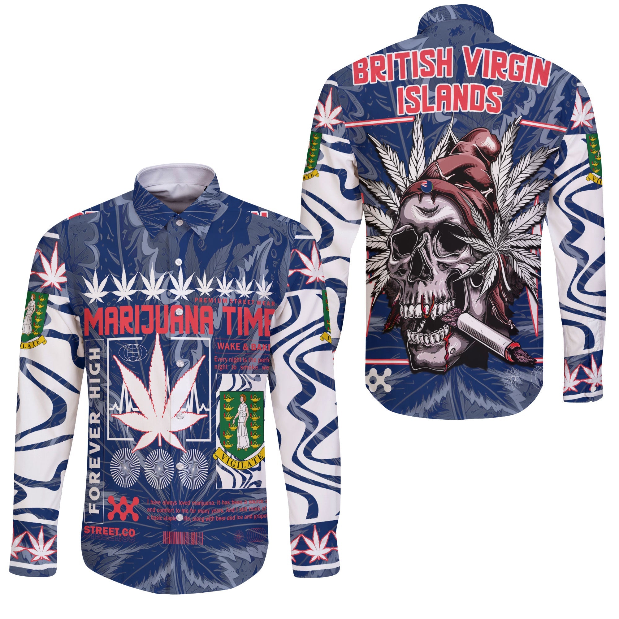 British Virgin Islands Long Sleeve Button Shirt Flag & Coat Of Arms Marijuanas Style