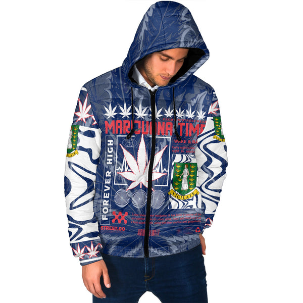 British Virgin Islands Men Hooded Padded Jacket Flag & Coat Of Arms Marijuanas Style