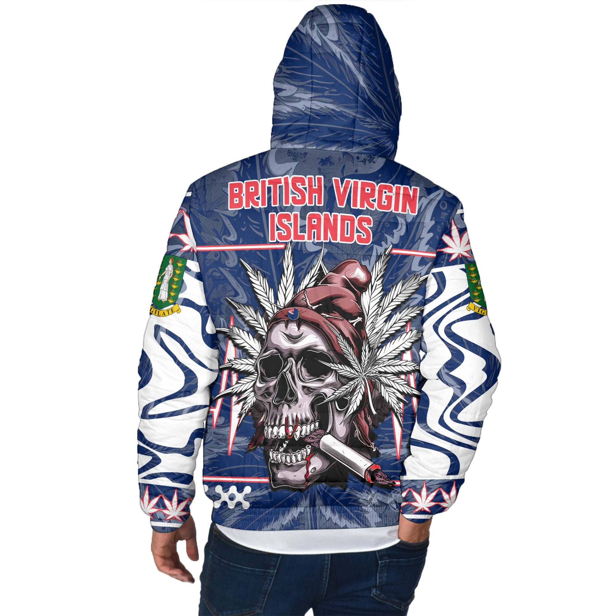 British Virgin Islands Men Hooded Padded Jacket Flag & Coat Of Arms Marijuanas Style