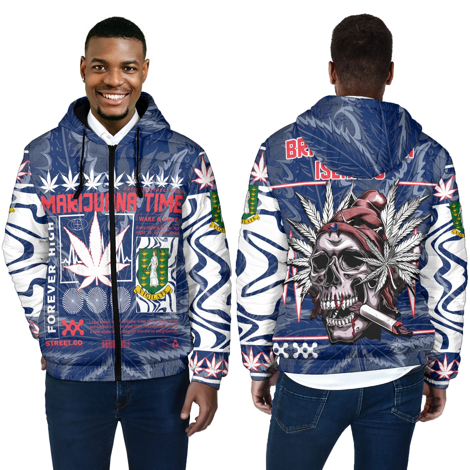 British Virgin Islands Men Hooded Padded Jacket Flag & Coat Of Arms Marijuanas Style