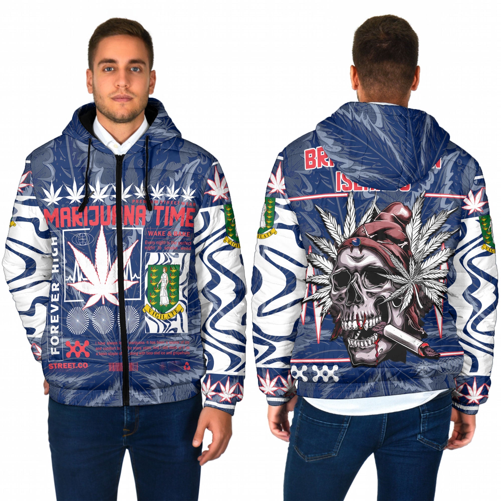 British Virgin Islands Men Hooded Padded Jacket Flag & Coat Of Arms Marijuanas Style