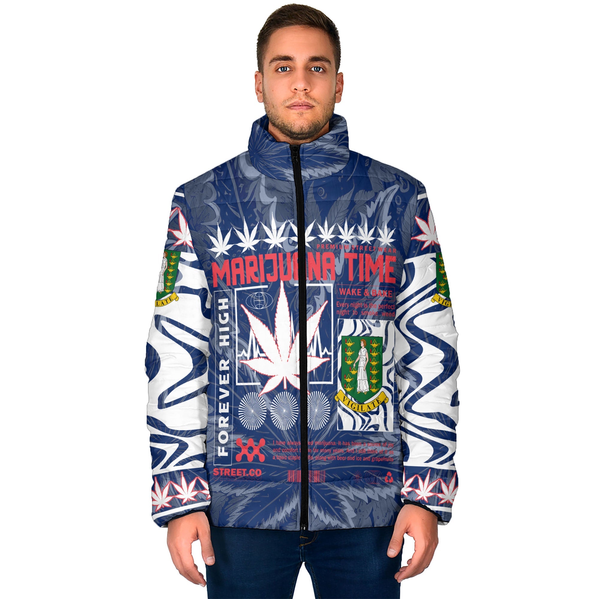 British Virgin Islands Men Padded Jacket Flag & Coat Of Arms Marijuanas Style