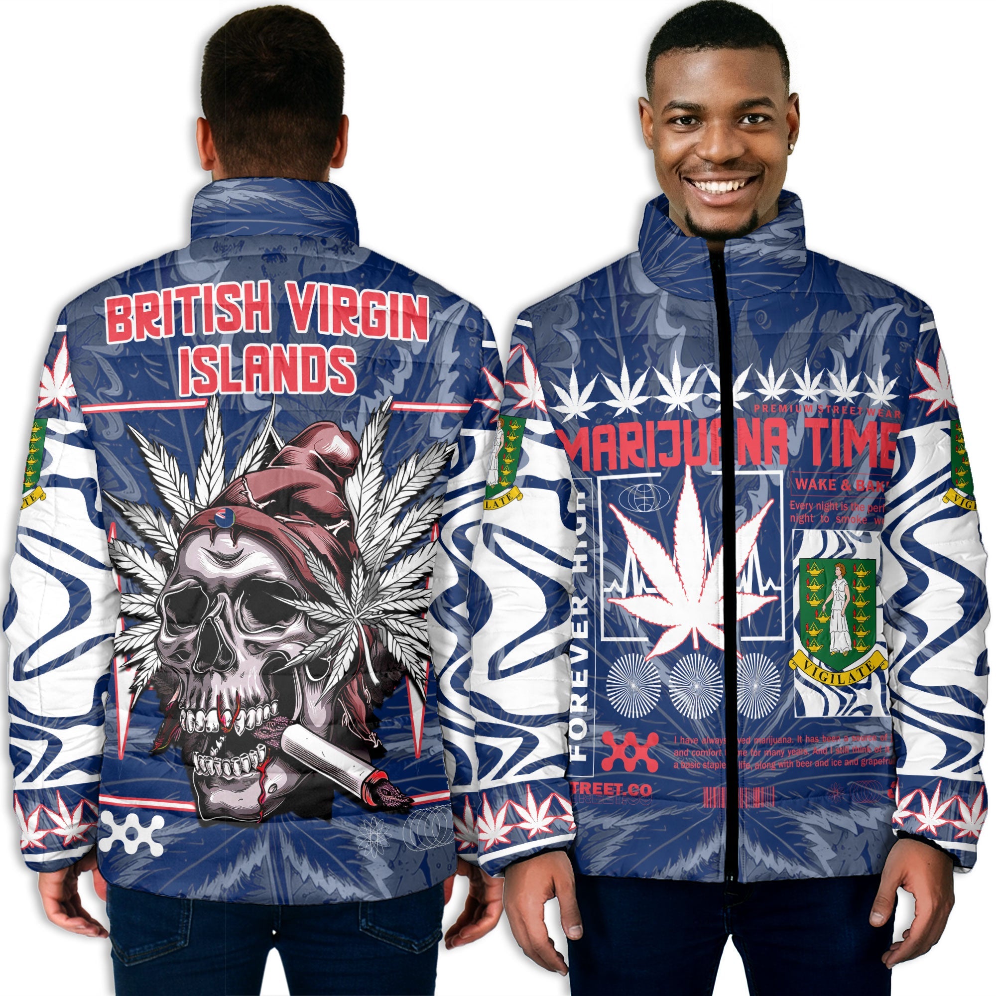 British Virgin Islands Men Padded Jacket Flag & Coat Of Arms Marijuanas Style