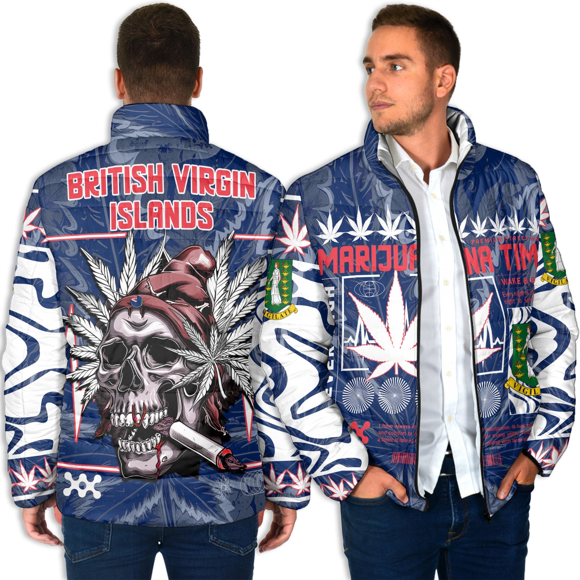 British Virgin Islands Men Padded Jacket Flag & Coat Of Arms Marijuanas Style