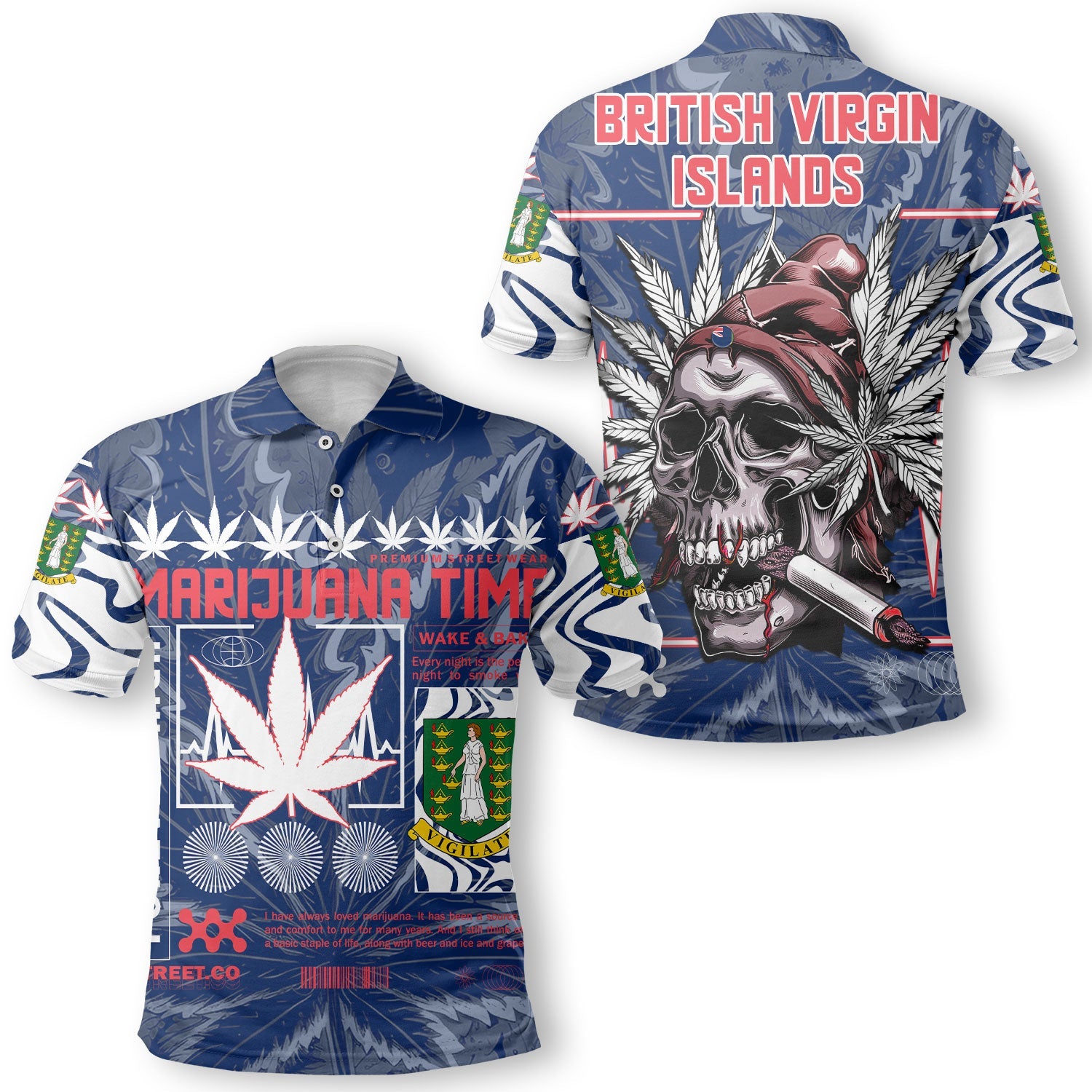 British Virgin Islands Polo Shirt Flag & Coat Of Arms Marijuanas Style