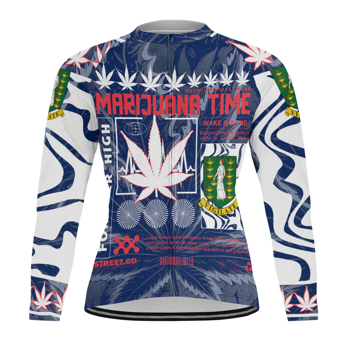 British Virgin Islands Men's Cycling Jersey Long Sleeve Flag & Coat Of Arms Marijuanas Style